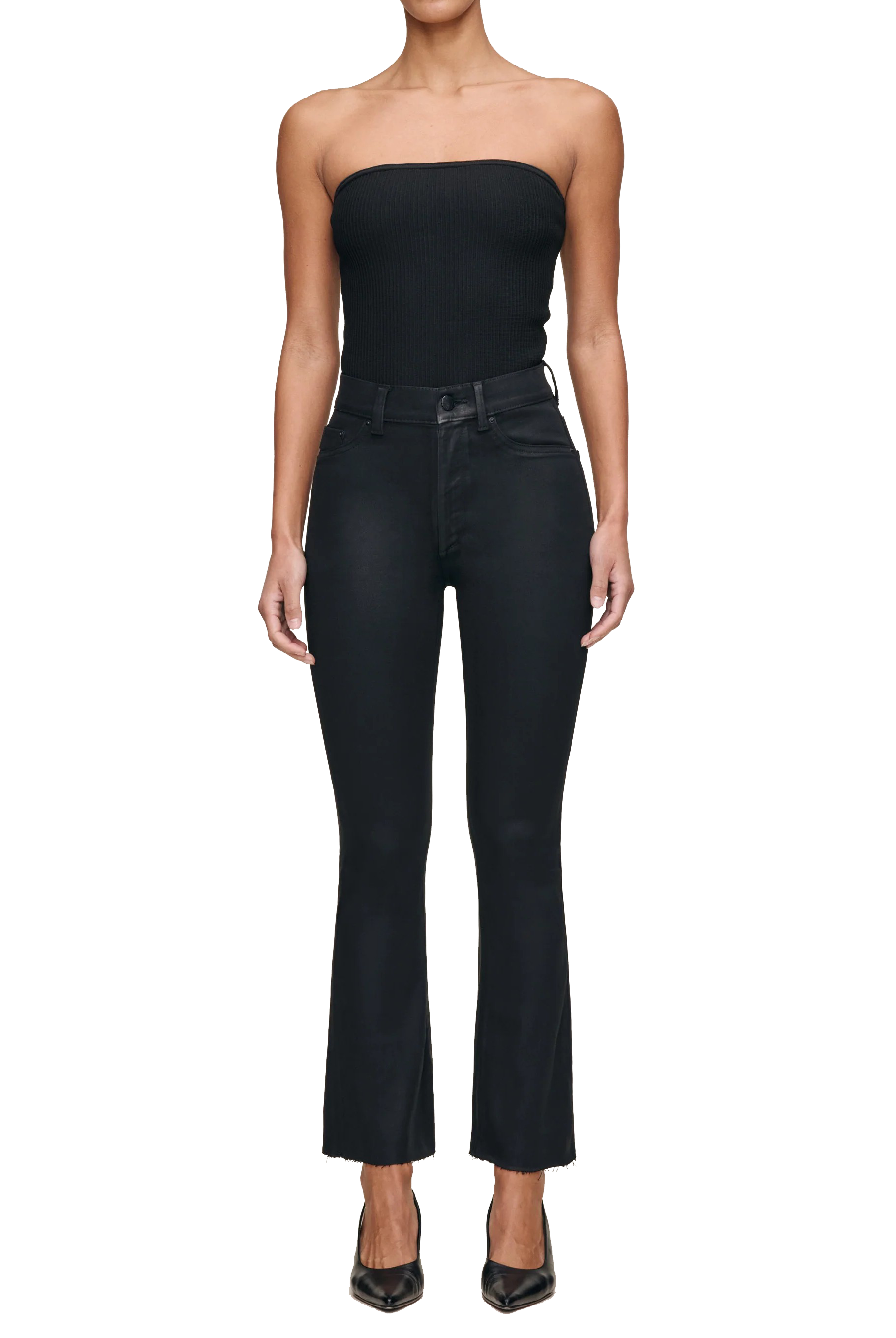 Bridget jeans with high rise, black coated denim, and slightly flared ankle length - Sasssanova