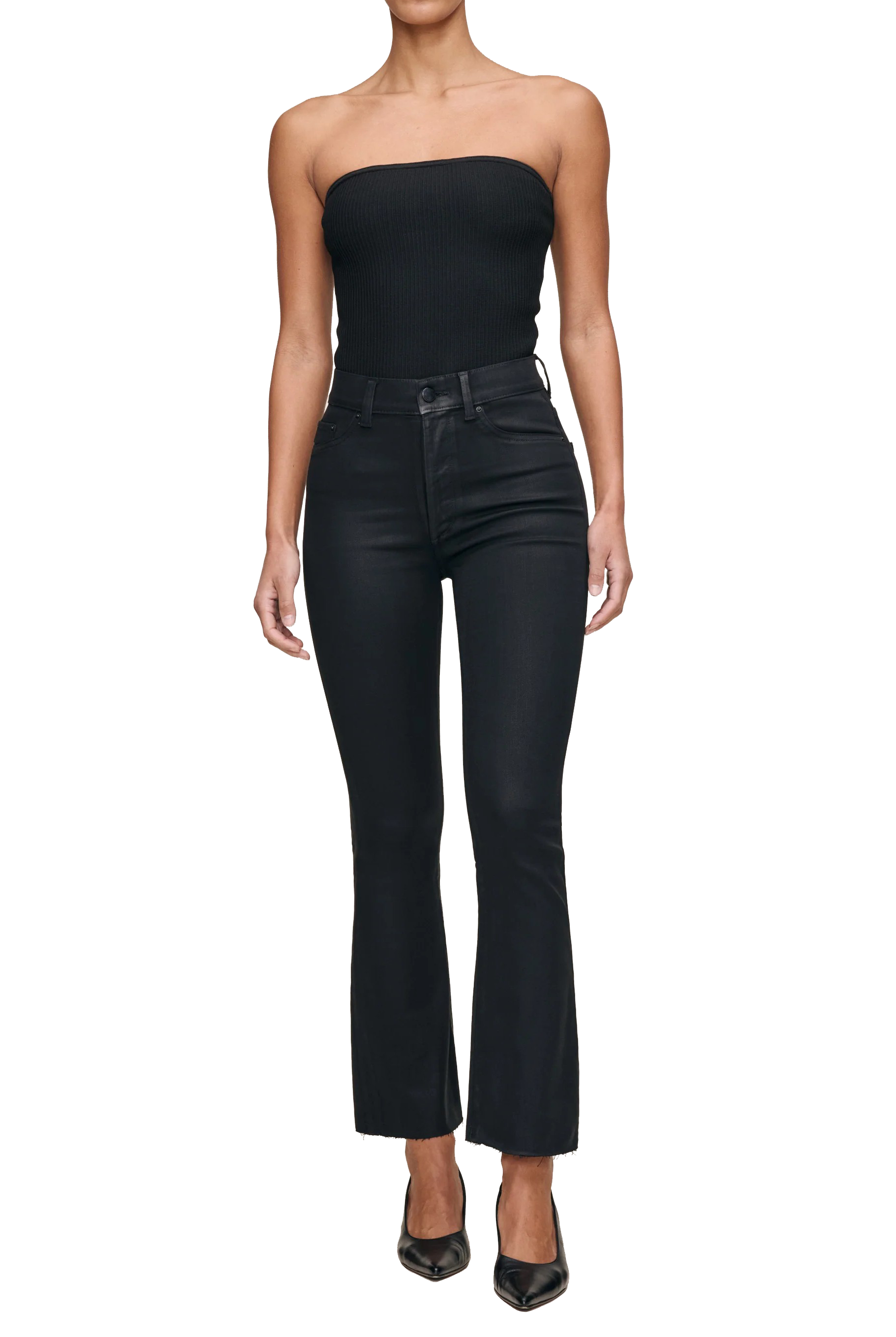 Bridget jeans with high rise, black coated denim, and slightly flared ankle length - Sasssanova