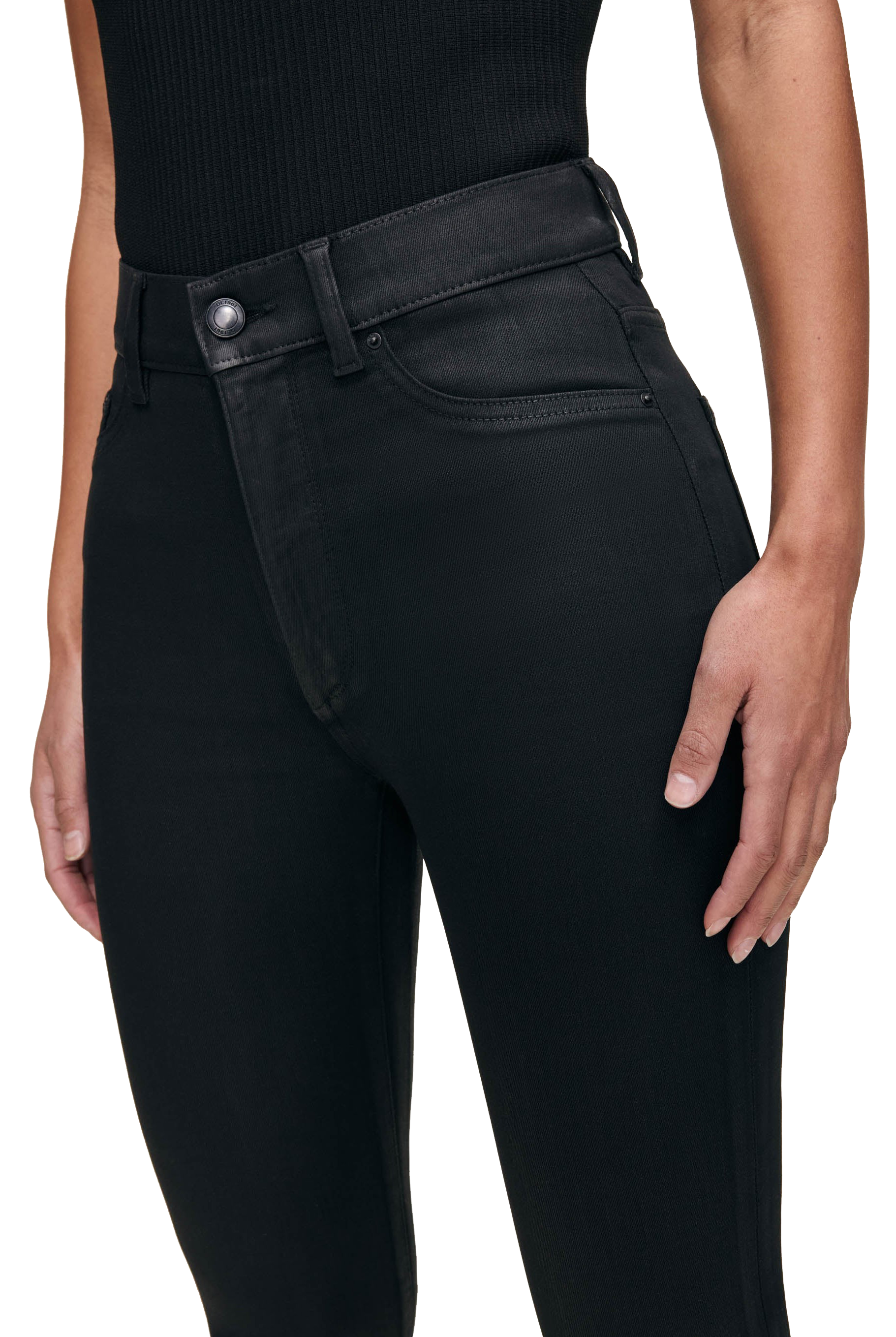 Bridget jeans with high rise, black coated denim, and slightly flared ankle length - Sasssanova