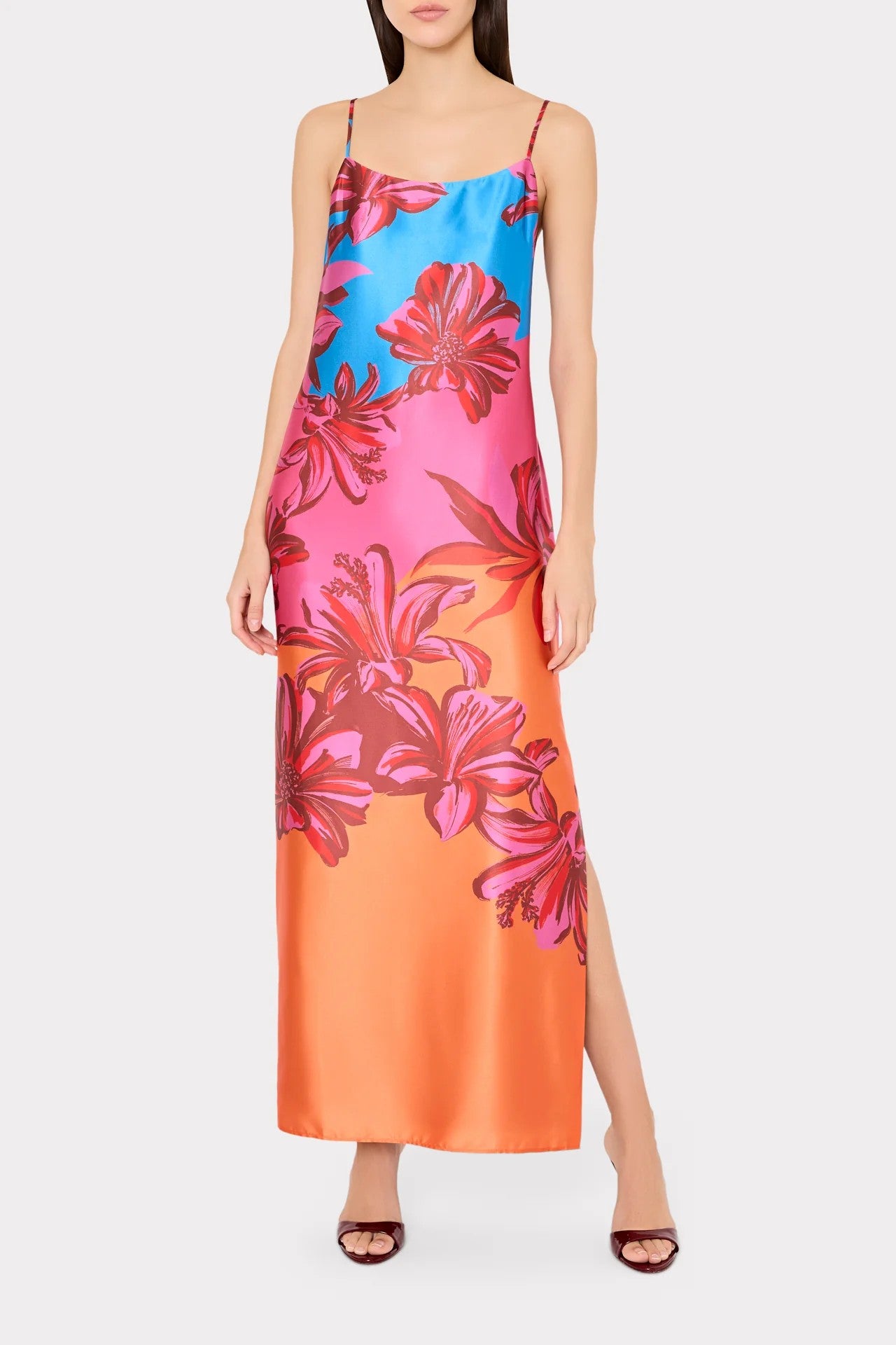 LILY SUNSET FLOWER PRINTED SATIN MAXI DRESS - Dresses - Sassanova