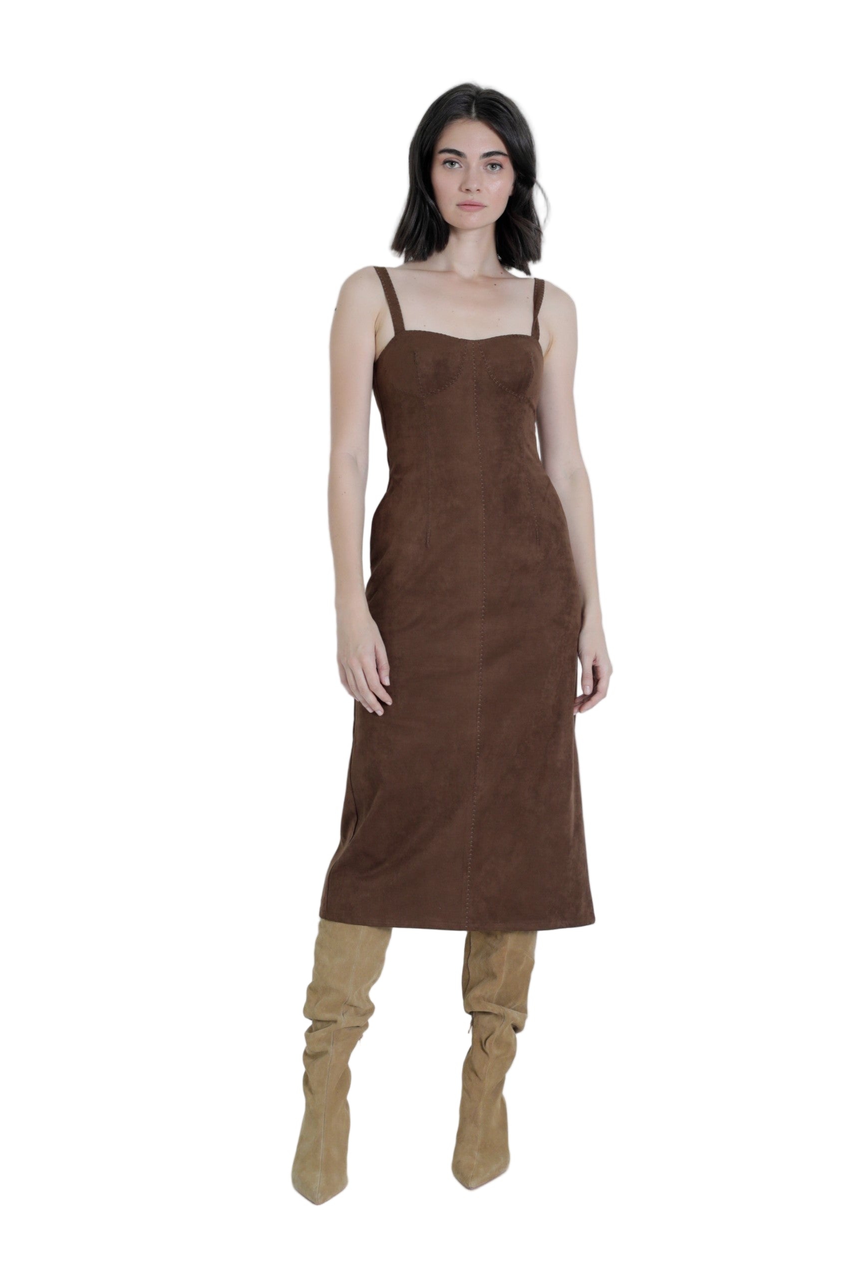 OLIVIA SUEDE MIDI DRESS CHOCO BRWN-Sassanova