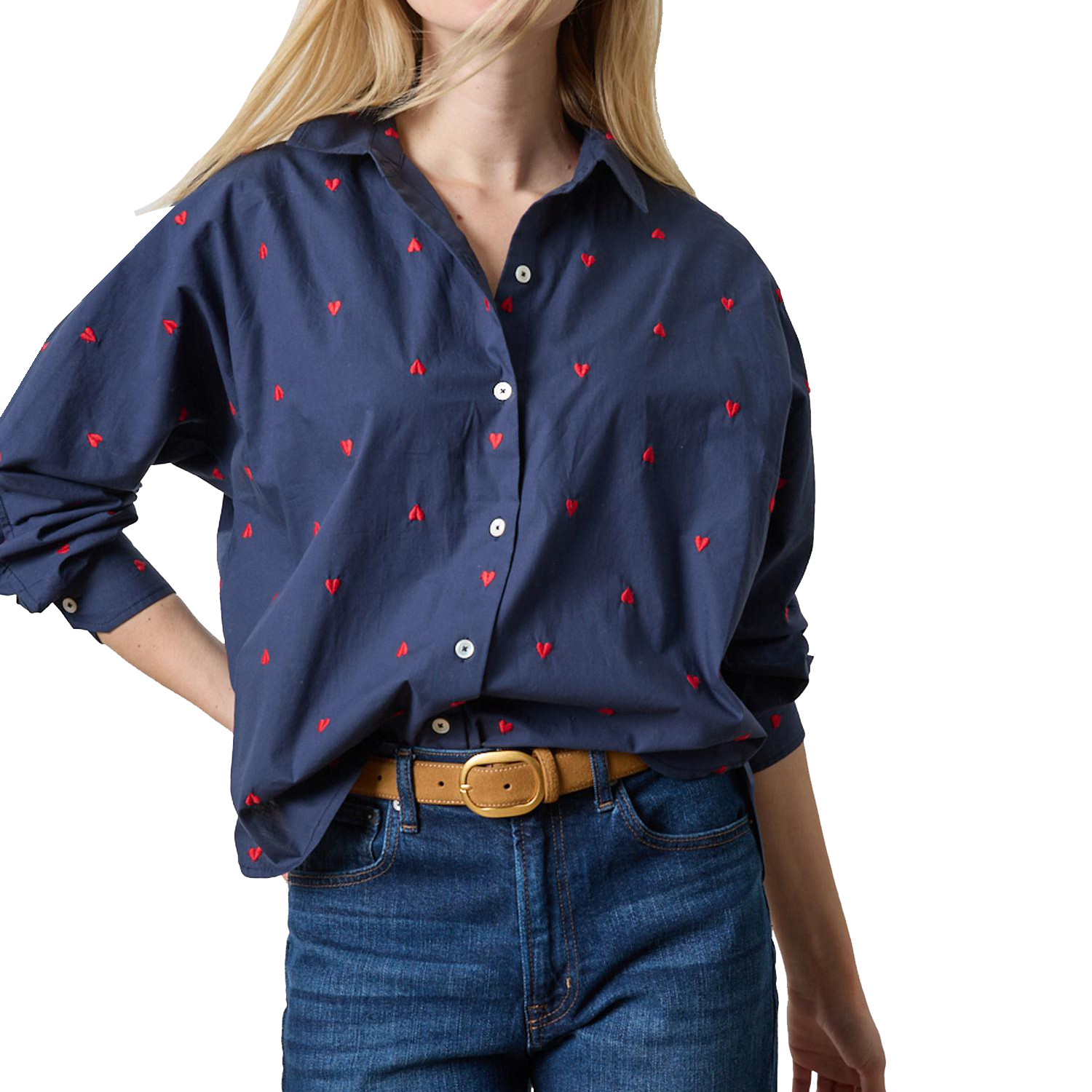 EMBROIDERED HEART BUTTON DOWN SHIRT - Blouses - Sassanova