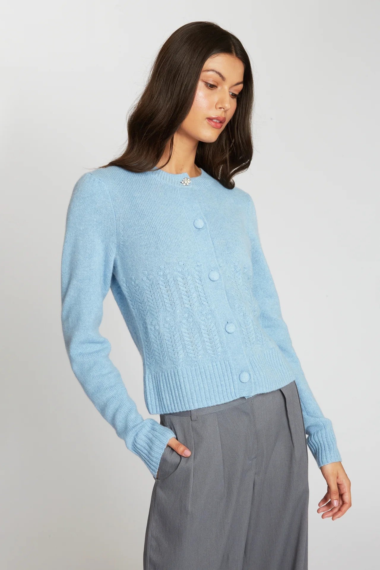 PUFF SLV POPCORN STITCH CARDIGAN - Sweaters - Sassanova
