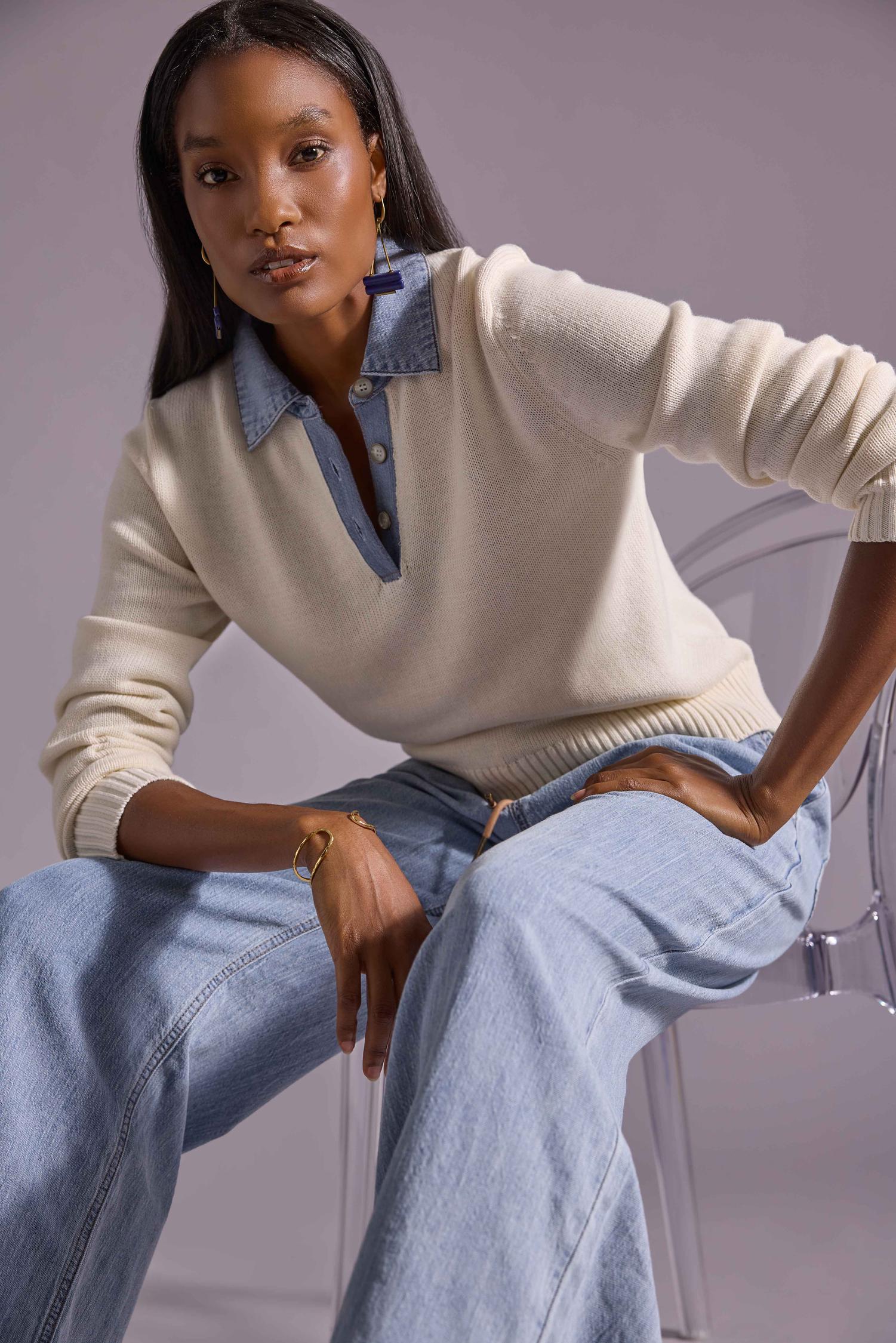 DENIM COLLAR POLO SWEATER - Sweaters - Sassanova