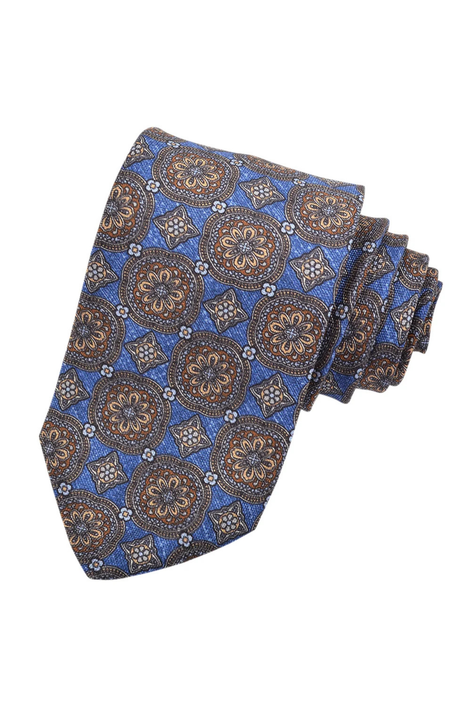 ITALIAN SILK PRINTED FLORAL EMBLEM TIE DENIM OS Sassanova / Novaman