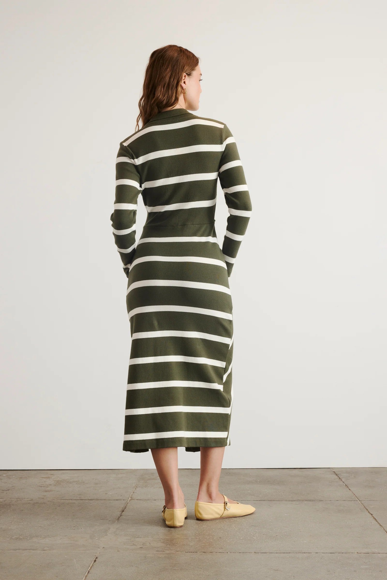 Elllicot long-sleeved dress with green and white stripes and knot twist waist-sassanova