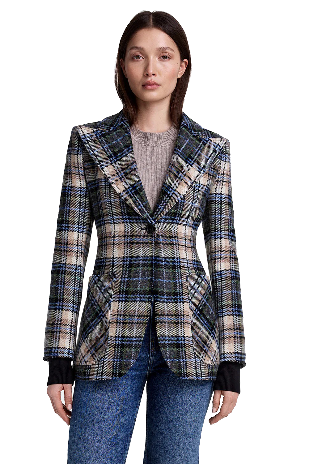 RIB CUFF BIRKIN BLAZER in multi plaid print with black-sassanova