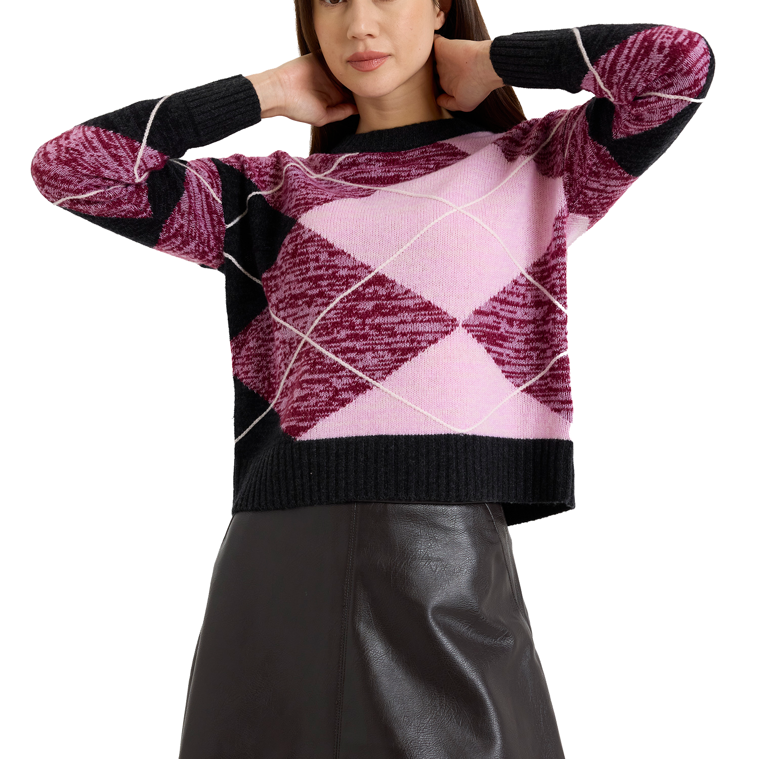 Long sleeved argyle crewneck sweater with mauve, pink, black, and white argyle print and black color blocked trim-sassanova