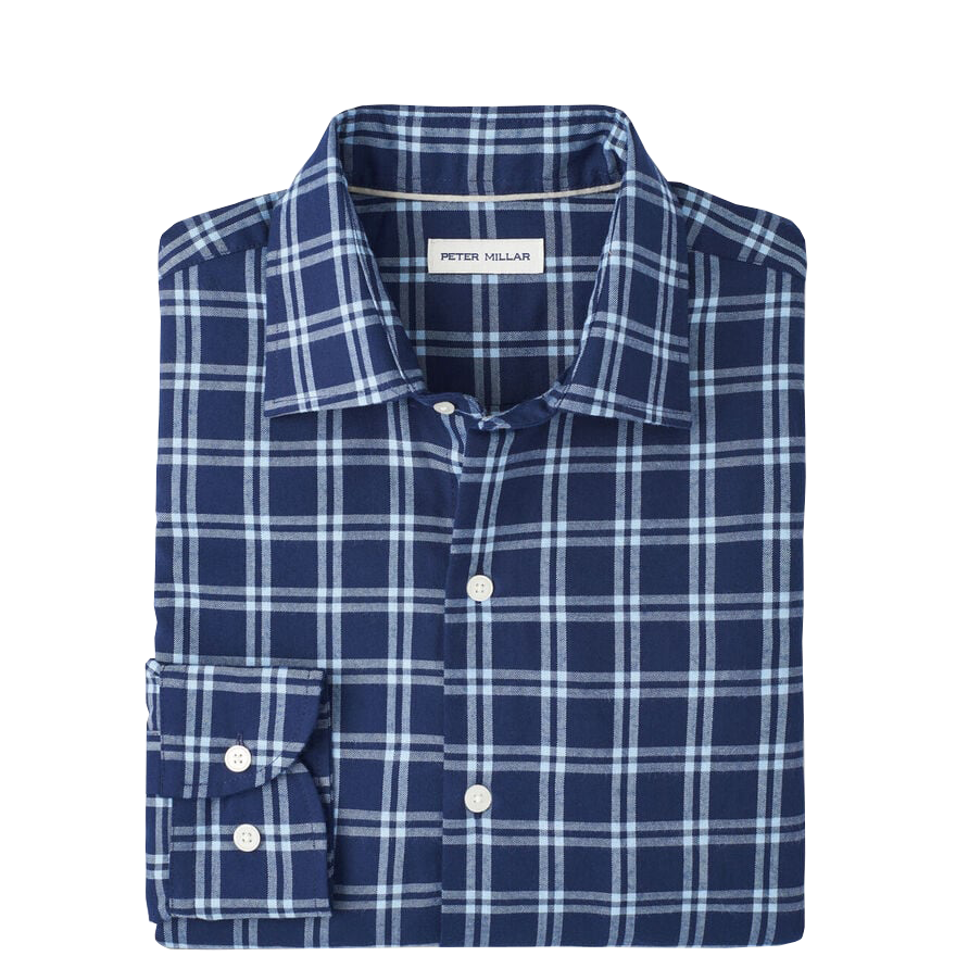 MYSTIC PERFORMANCE FLANNEL SPORT SHIRT with a dark navy and white plaid print and long sleeves-novaman