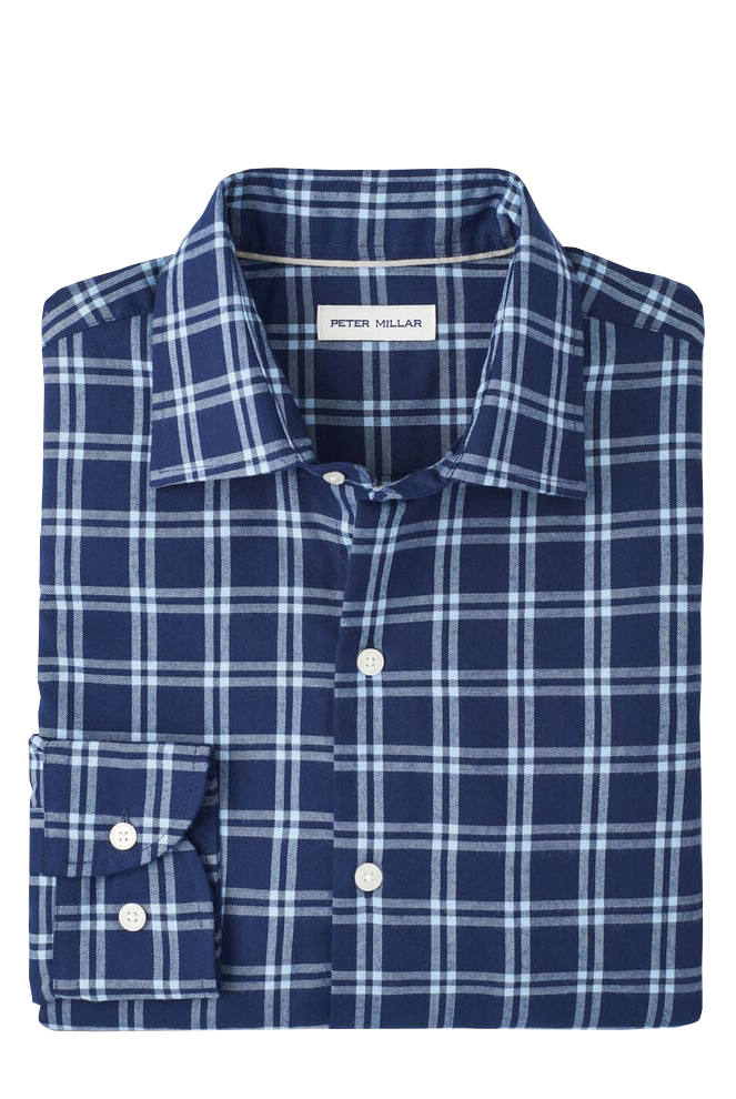 MYSTIC PERFORMANCE FLANNEL SPORT SHIRT with a dark navy and white plaid print and long sleeves-novaman