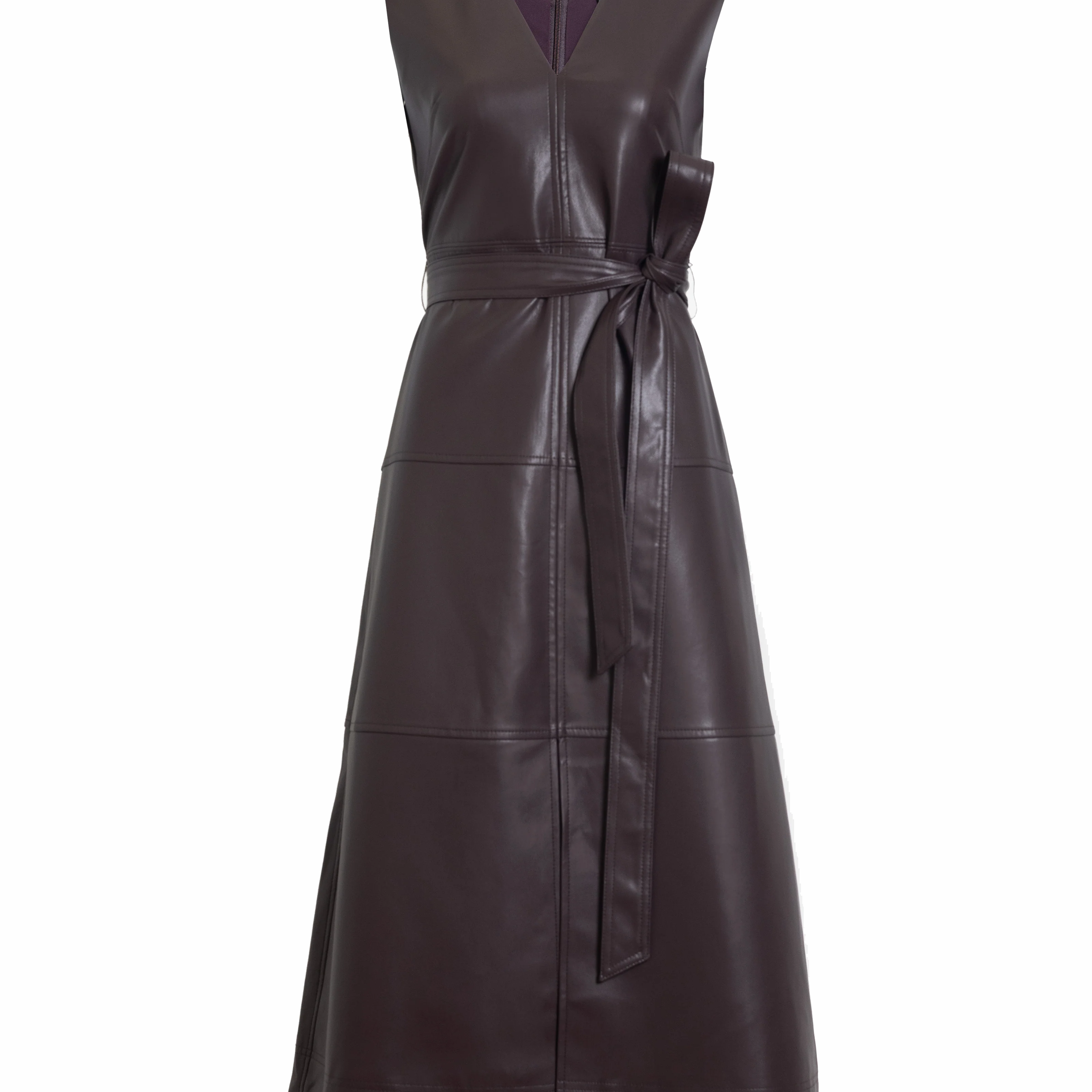 Vegan leather Reina dress in a solid oxblood color with a-line skirt and tie waist-sassanova