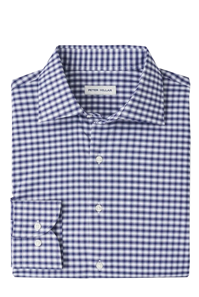 FAIRBANKS TWILL SPORT SHIRT with long sleeves and navy and white plaid print-novaman