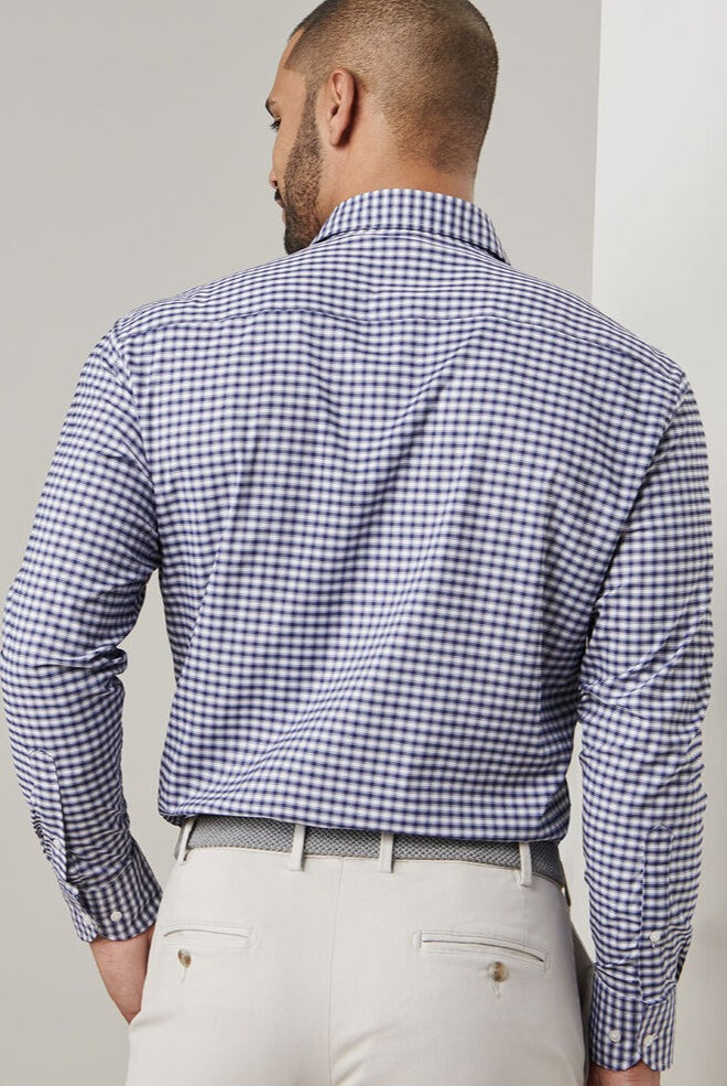 FAIRBANKS TWILL SPORT SHIRT with long sleeves and navy and white plaid print-novaman