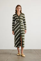 Elllicot long-sleeved dress with green and white stripes and knot twist waist-sassanova