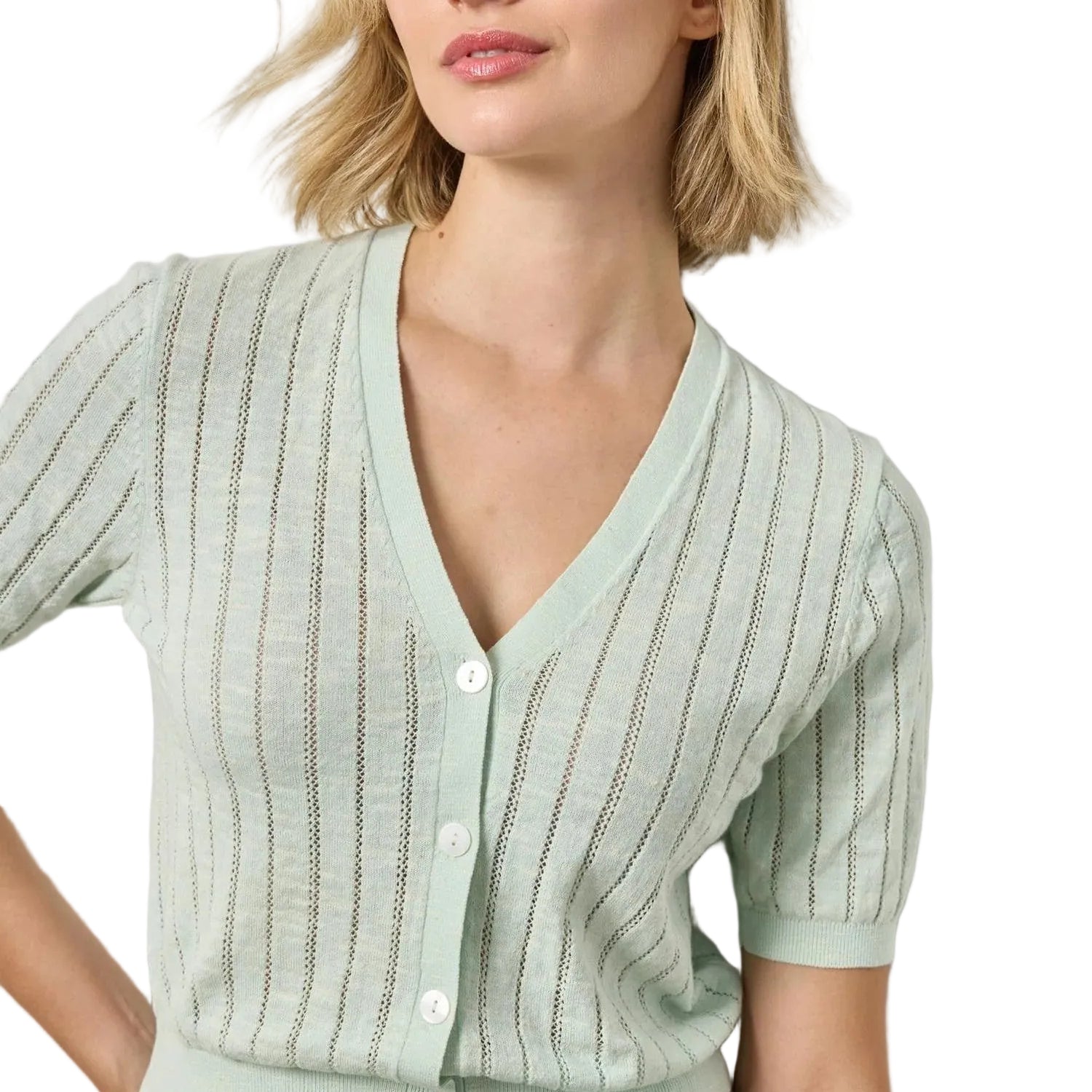 OPEN STITCH V-NECK SHORT SLEEVE CARDIGAN - Sweaters - Sassanova
