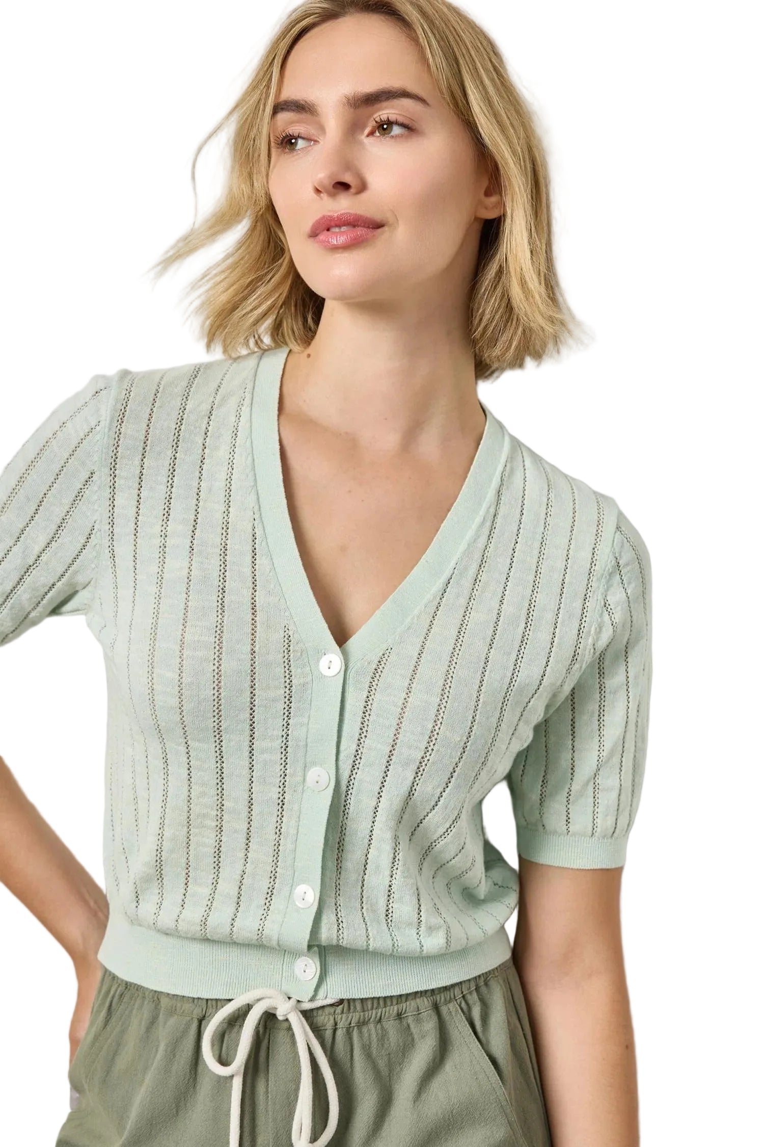 OPEN STITCH V-NECK SHORT SLEEVE CARDIGAN - Sweaters - Sassanova