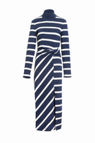 Brindy dress with long sleeves, navy and white stripes, a twist knot waist and a mock neckline-sassanova