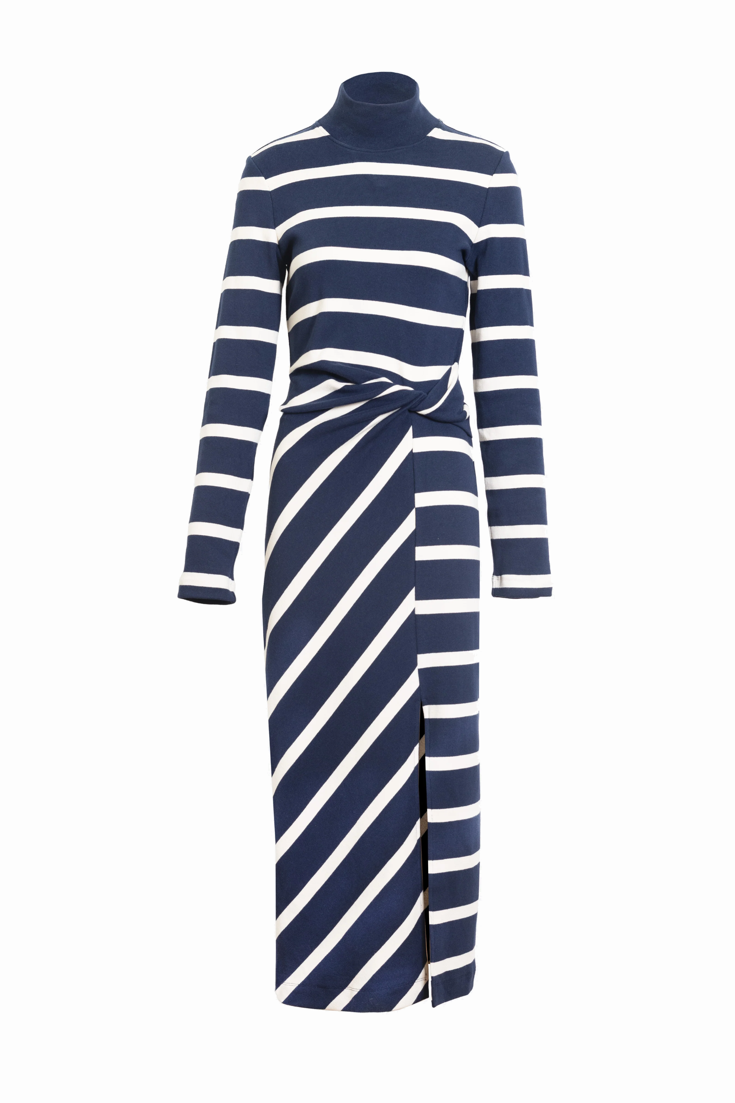 Brindy dress with long sleeves, navy and white stripes, a twist knot waist and a mock neckline-sassanova