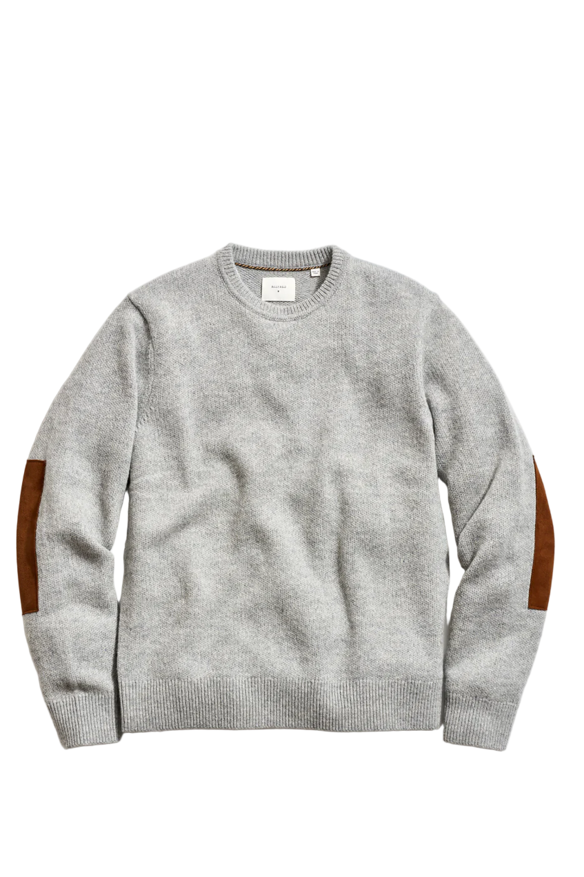 long sleeved grey crewneck sweater with suede elbows-novaman