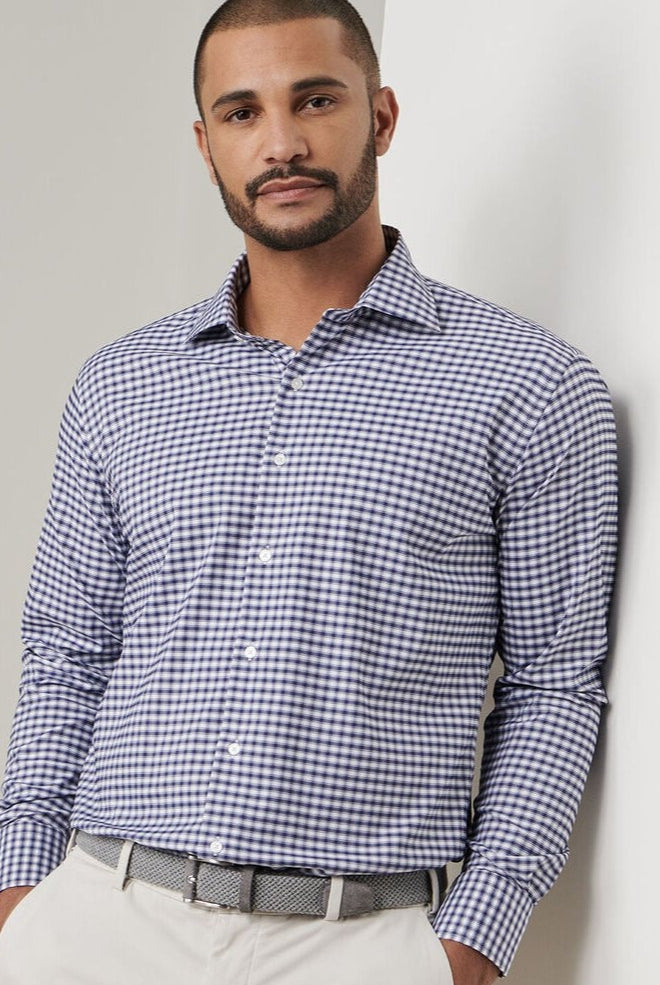 FAIRBANKS TWILL SPORT SHIRT with long sleeves and navy and white plaid print-novaman