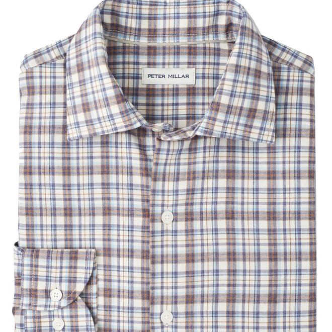 WAYNESVILLE PERFORMANCE FLANNEL SPORT SHIRT with long sleeves and a brown, blue, and beige plaid print-novaman
