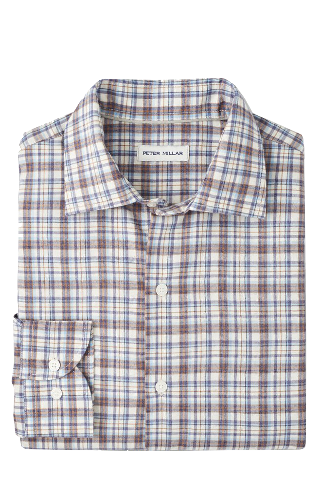WAYNESVILLE PERFORMANCE FLANNEL SPORT SHIRT with long sleeves and a brown, blue, and beige plaid print-novaman