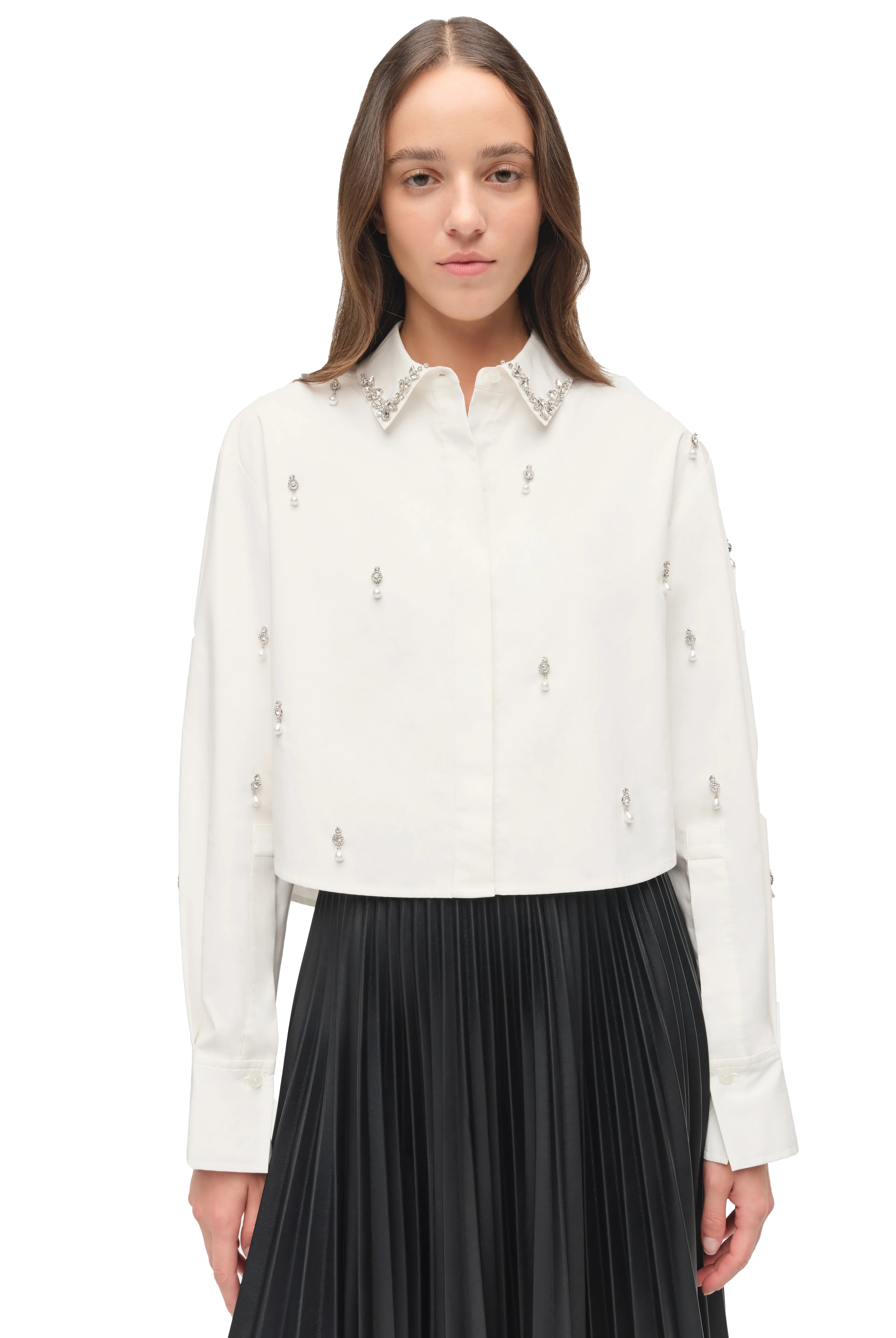 RENATA EMBELLISHED CROPPED BUTTON DOWN SHIRT - Sassanova