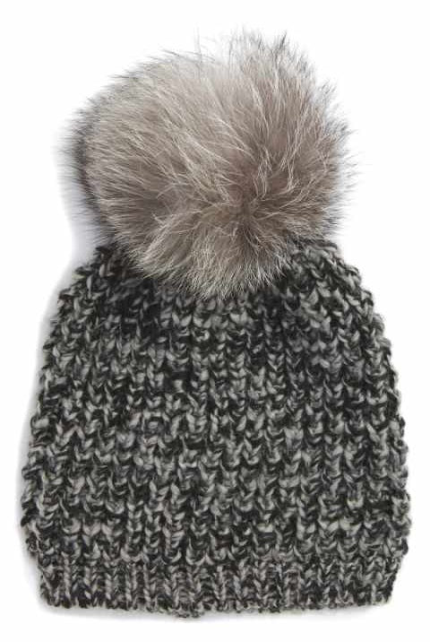 CLASSIC FOX FUR BEANIE- CHARC MARLED/SILVER - Sassanova