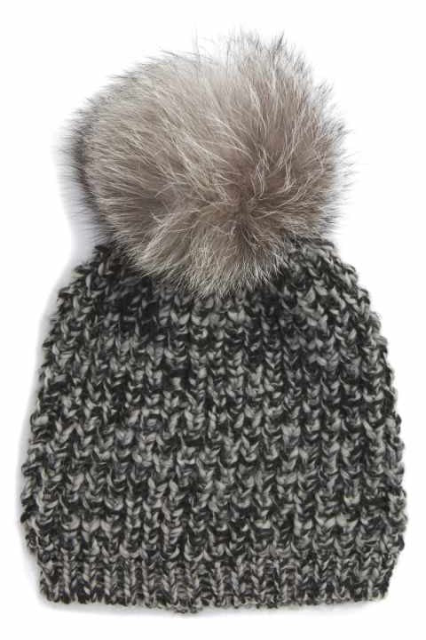 CLASSIC FOX FUR BEANIE- CHARC MARLED/SILVER - Sassanova