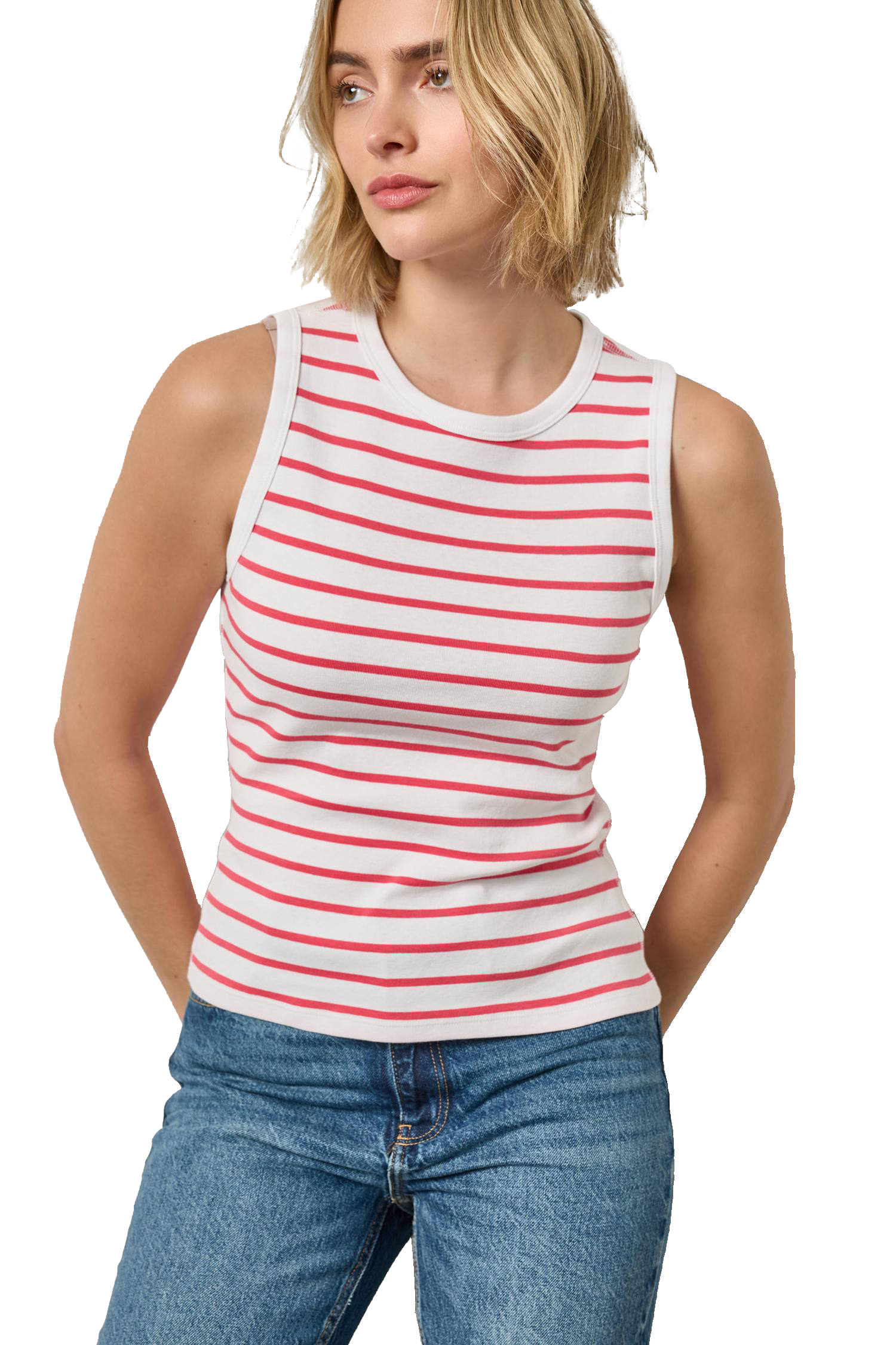 RIB STRIPE HIGH NECK TANK - Tank Tops - Sassanova