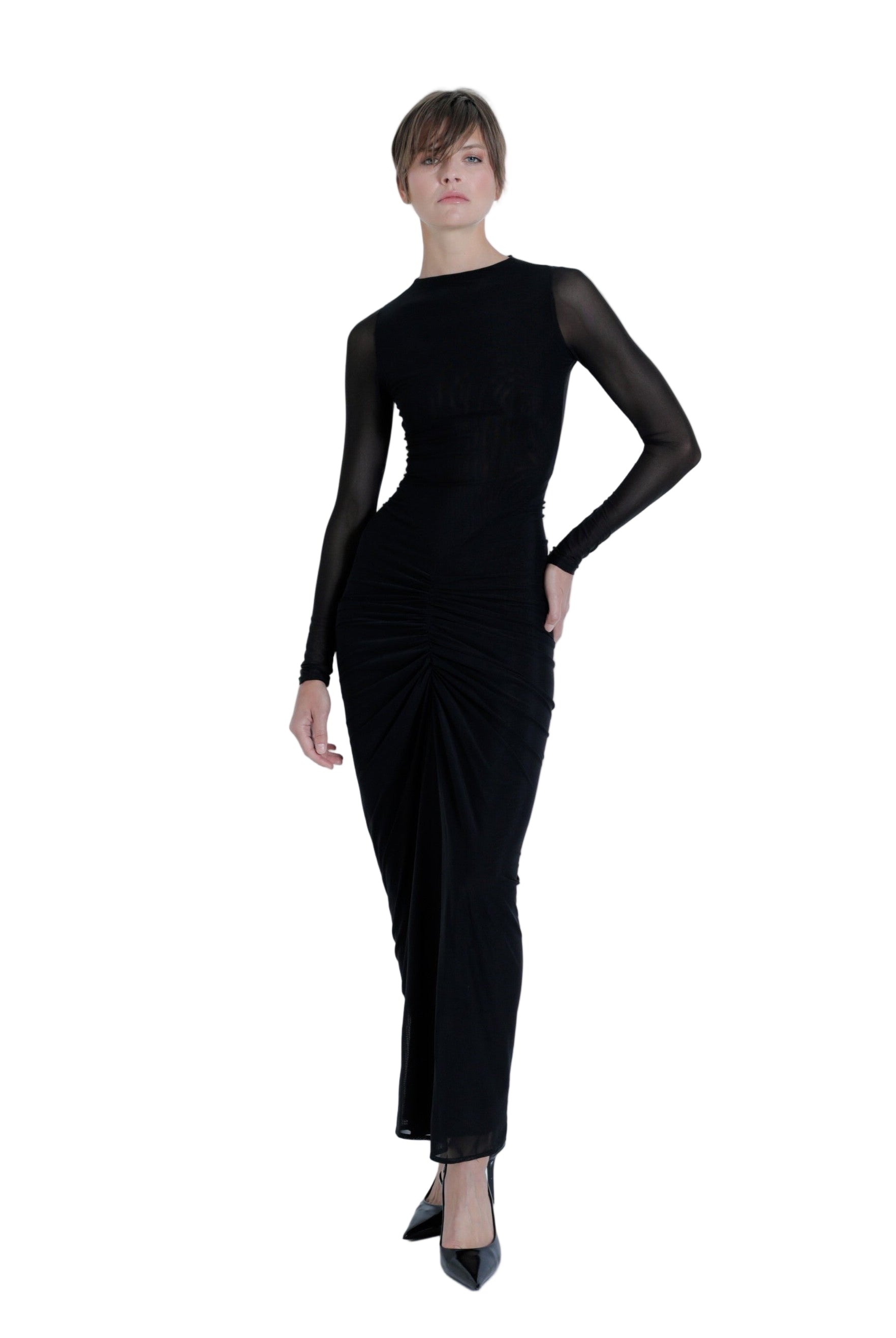 ARIANA MESH SOLID MAXI DRESS-Sassanova