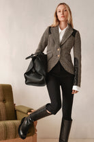 SADDLE PATCH EQUESTRIAN BLAZER in tobacco color with herringbone pattern-sassanova