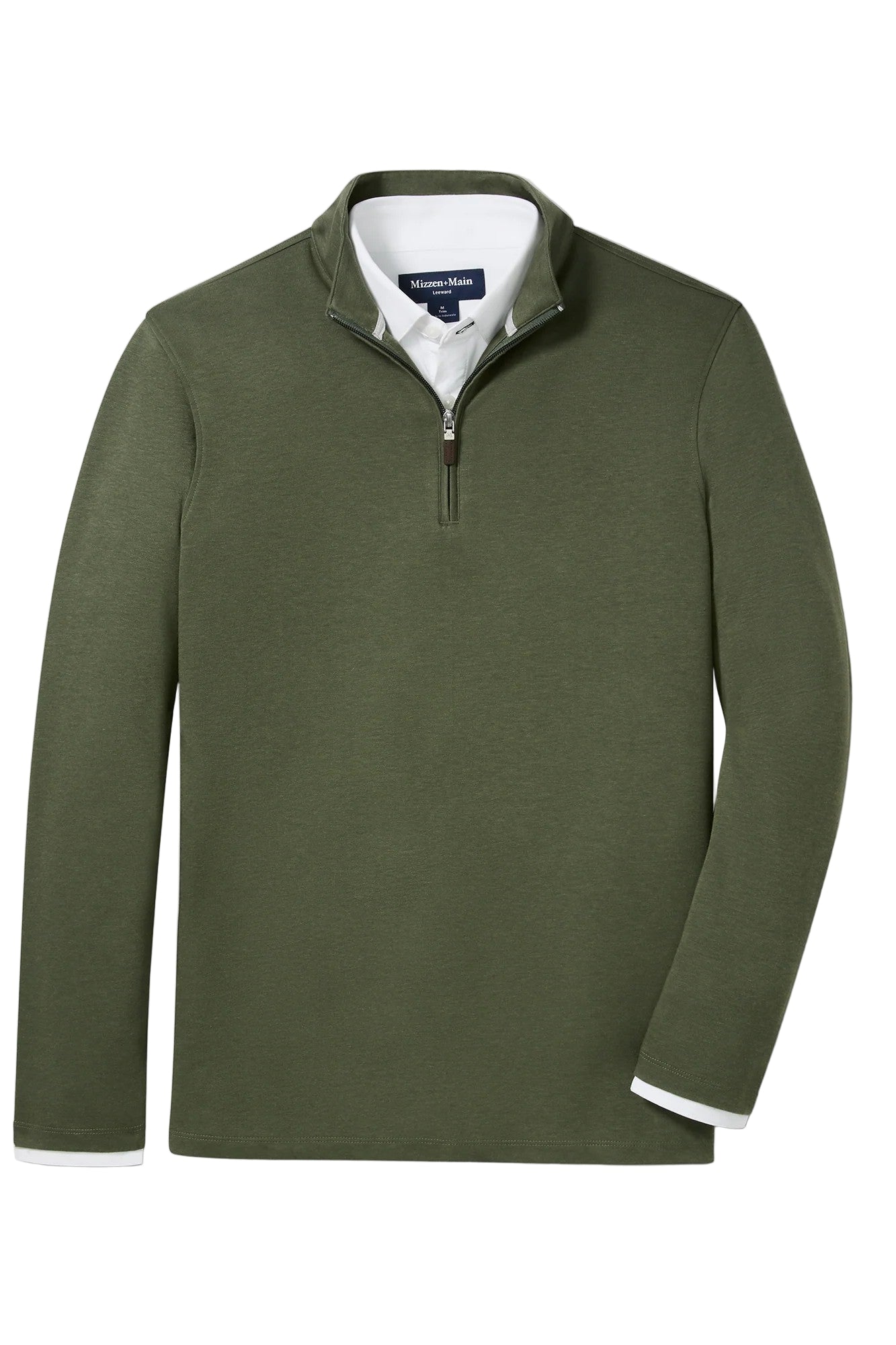 flat lay of olive green long-sleeved sweater with quarter zip-novaman