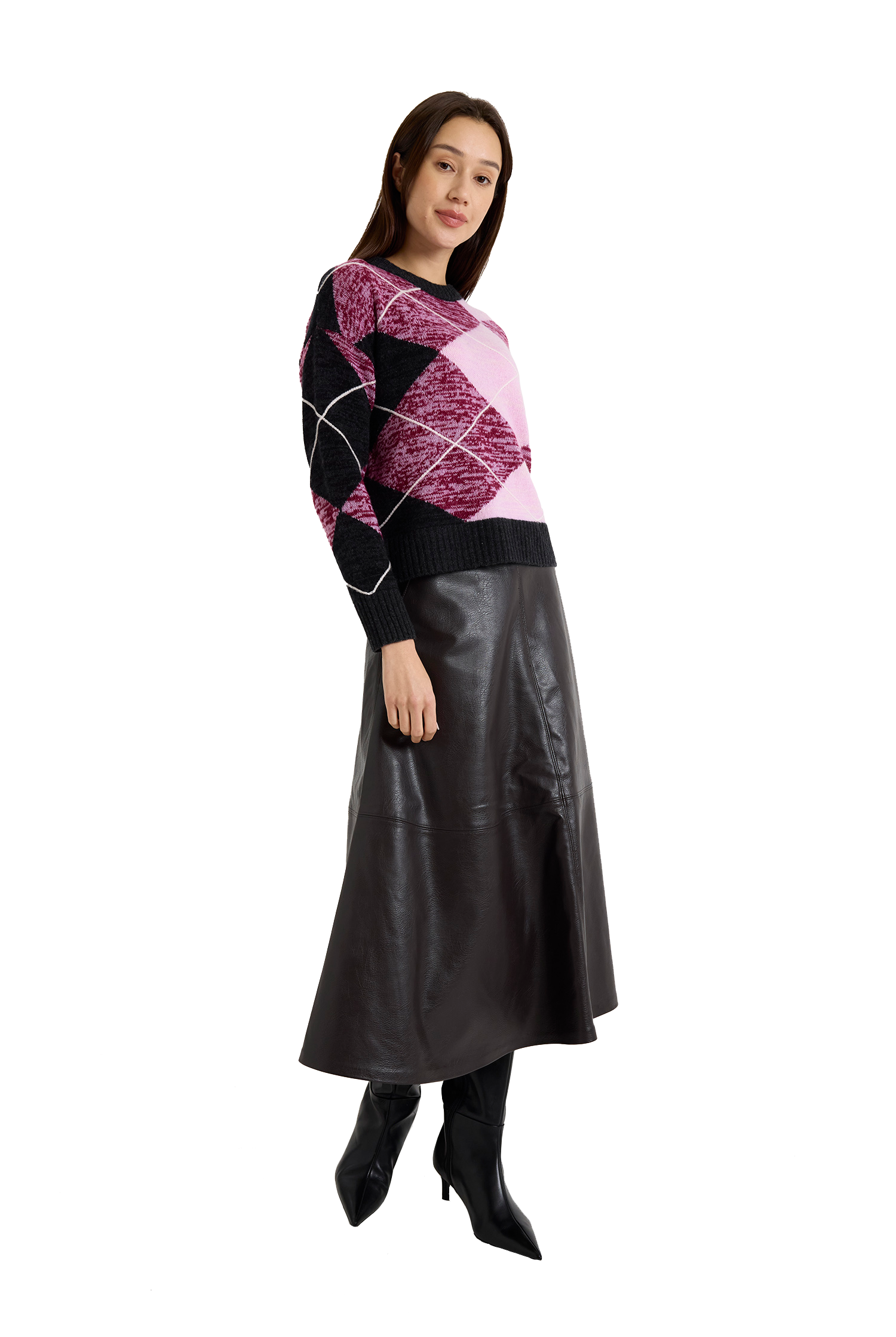 Long sleeved argyle crewneck sweater with mauve, pink, black, and white argyle print and black color blocked trim-sassanova