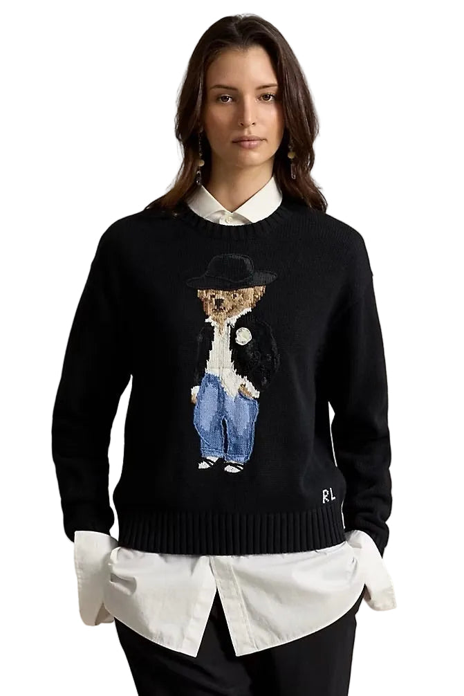 COTTON HOLIDAY BEAR CREW NECK SWEATER POLO BLACK Sassanova