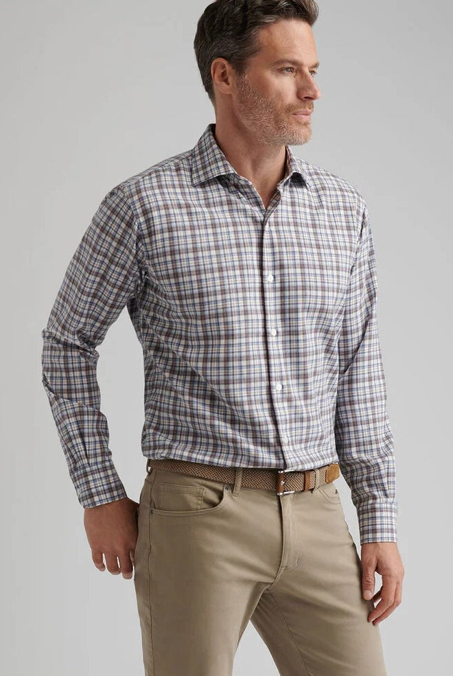 WAYNESVILLE PERFORMANCE FLANNEL SPORT SHIRT with long sleeves and a brown, blue, and beige plaid print-novaman