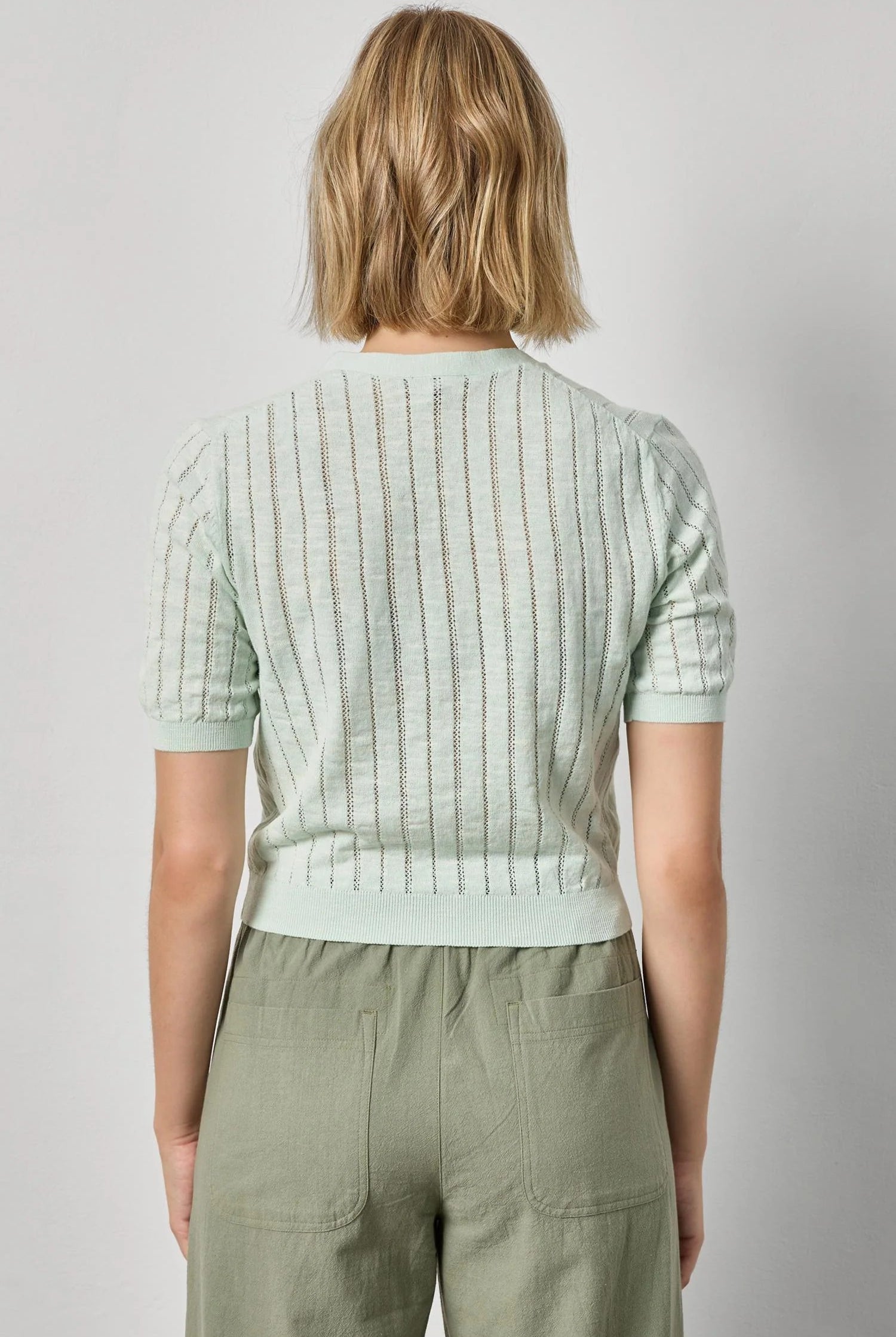 OPEN STITCH V-NECK SHORT SLEEVE CARDIGAN - Sweaters - Sassanova