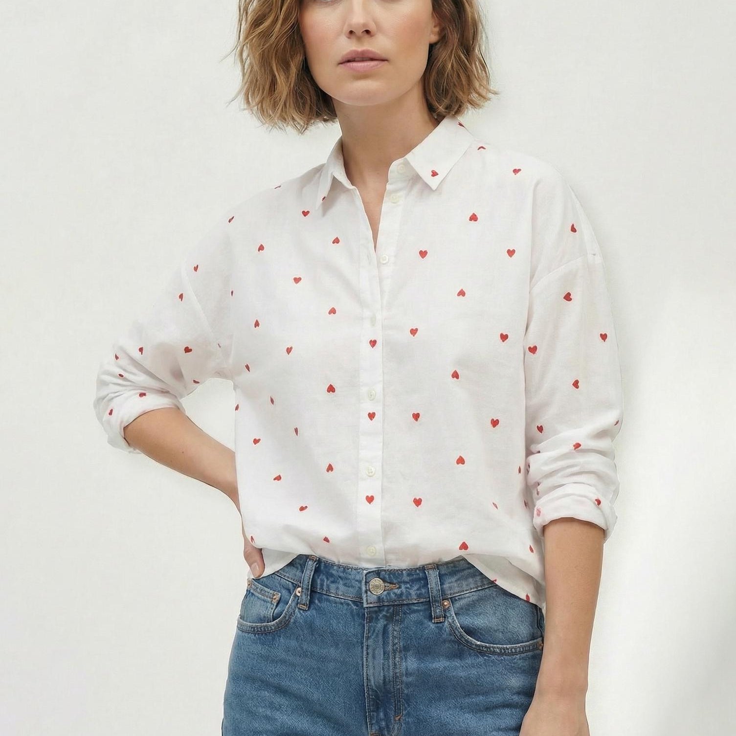 EMBROIDERED HEART BUTTON DOWN SHIRT-Sassanova