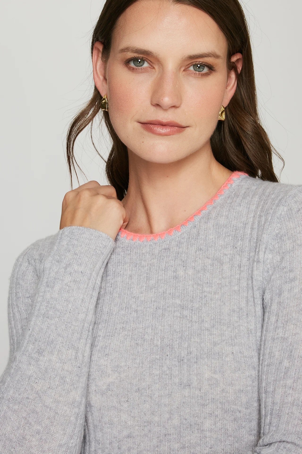 RIB CREW W/ BLANKET STITCH NECKLINE - Sweaters - Sassanova