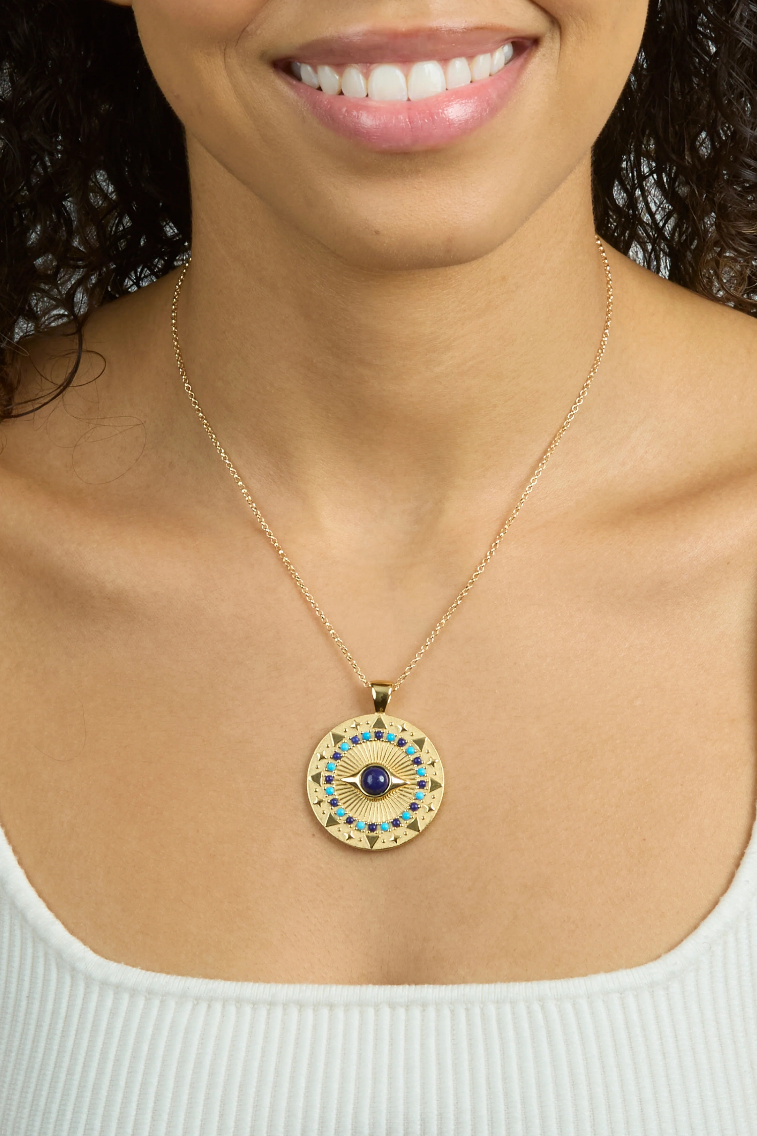 PROTECT GLEAMING EYE PENDANT CELESTIAL BLUE- DRAWN LINK CHAIN - Necklaces - Sassanova