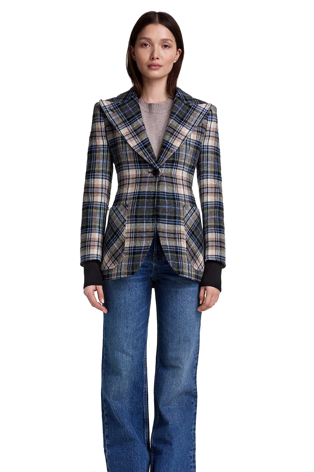 RIB CUFF BIRKIN BLAZER in multi plaid print with black-sassanova