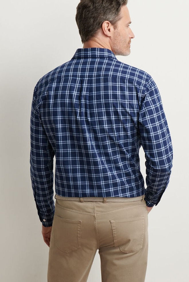 MYSTIC PERFORMANCE FLANNEL SPORT SHIRT with a dark navy and white plaid print and long sleeves-novaman