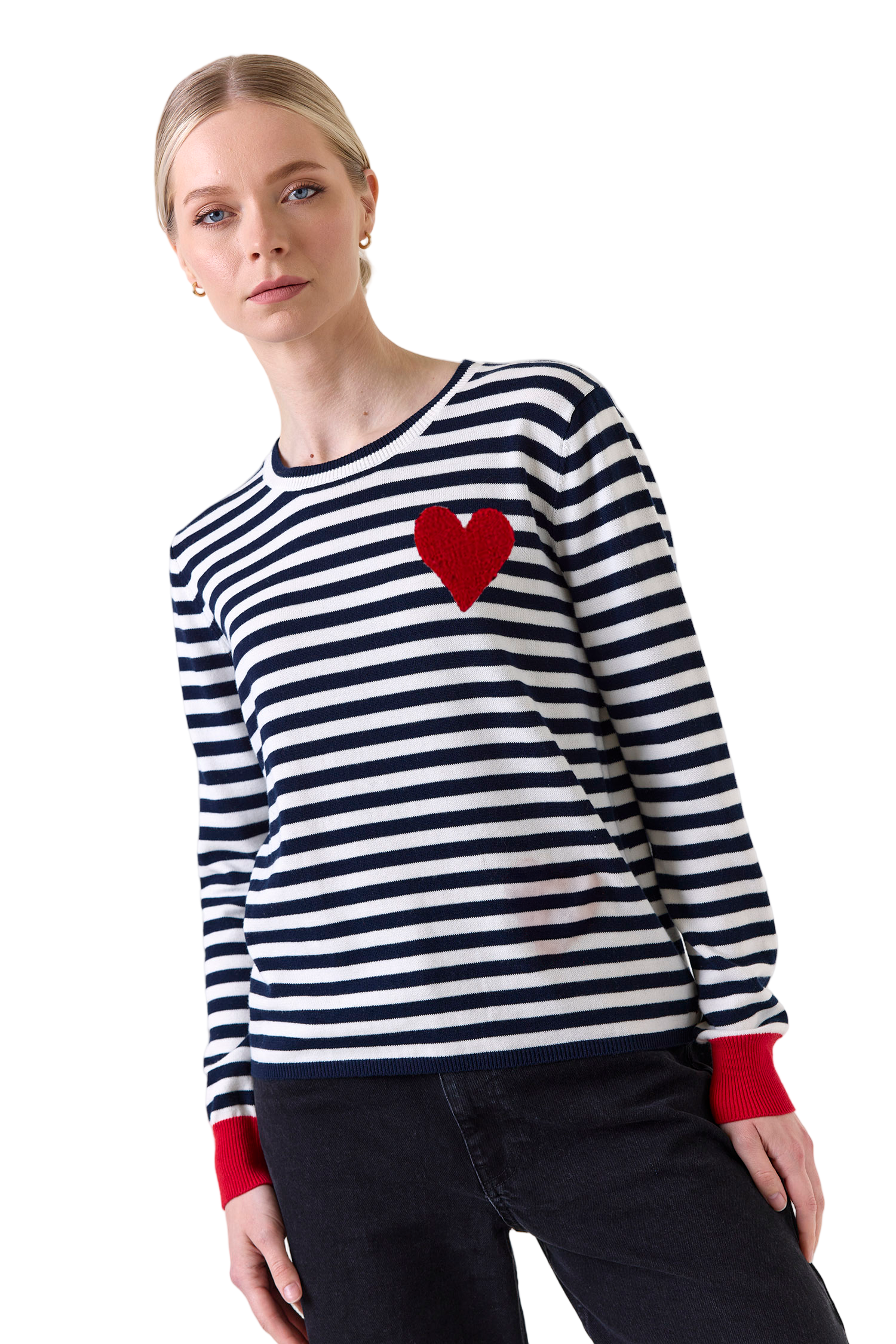HEART EMBROIDERY STRIPE CREW (718/V1) - Sweaters - Sassanova