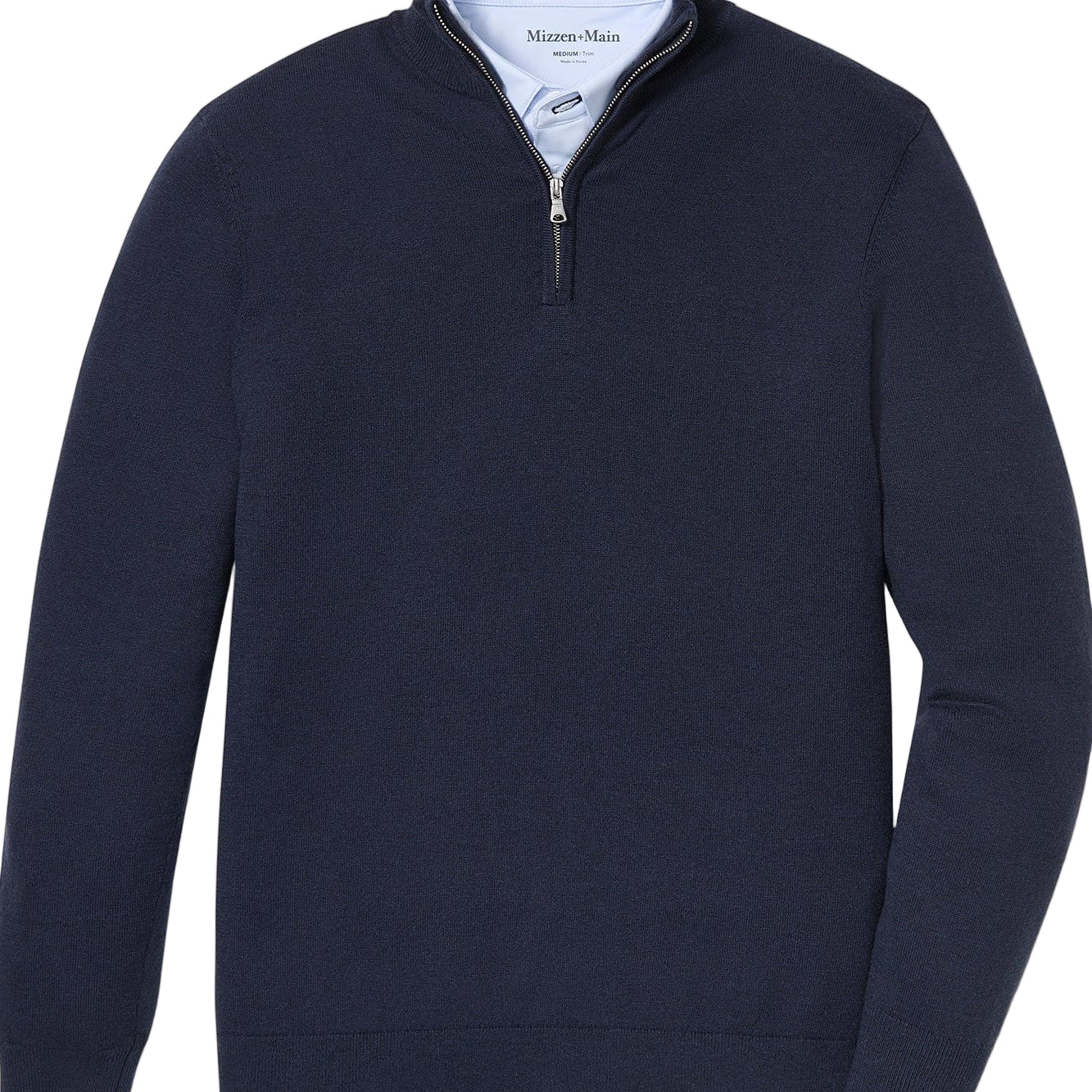 flat lay of long sleeved navy quarter zip sweater-novaman