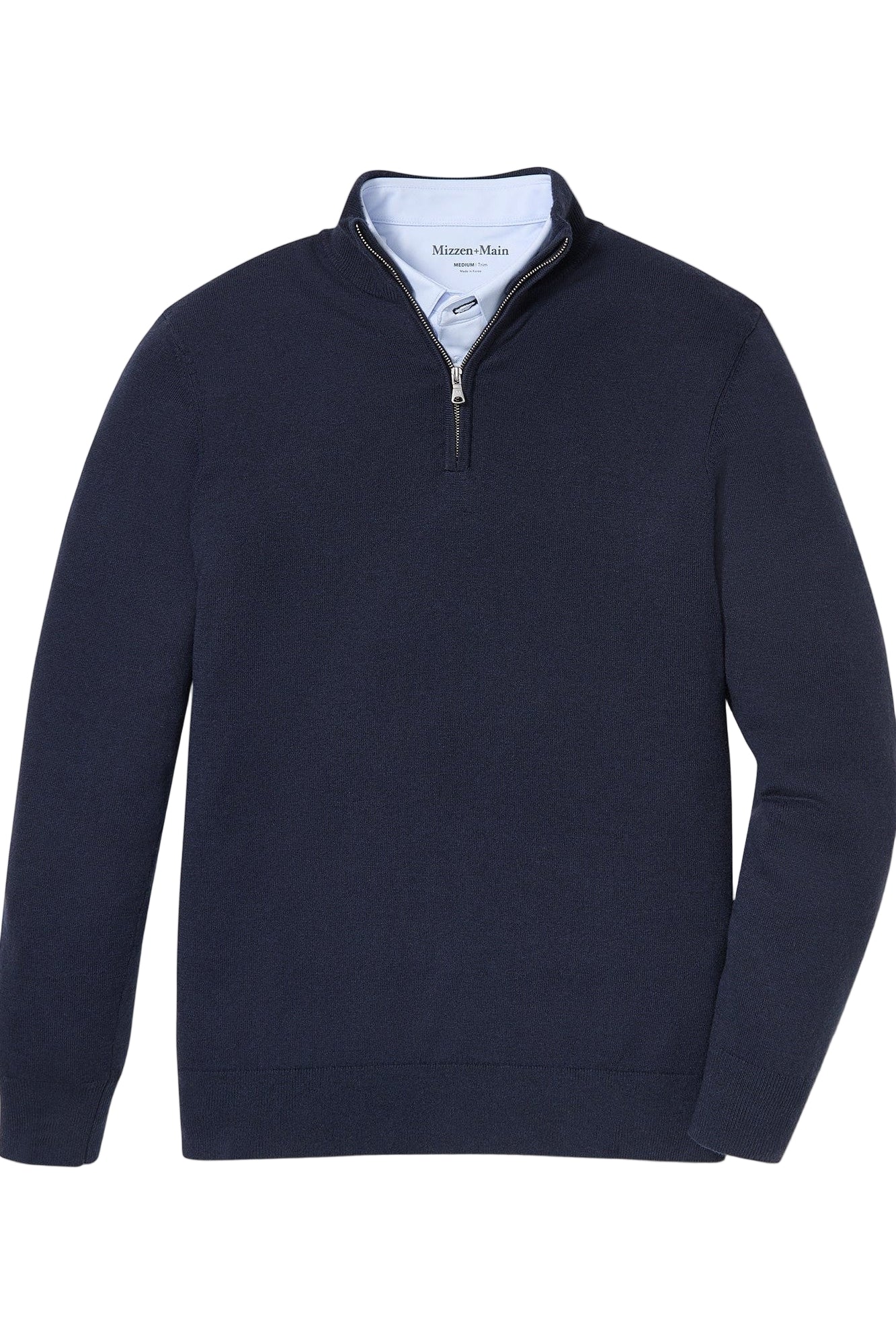flat lay of long sleeved navy quarter zip sweater-novaman