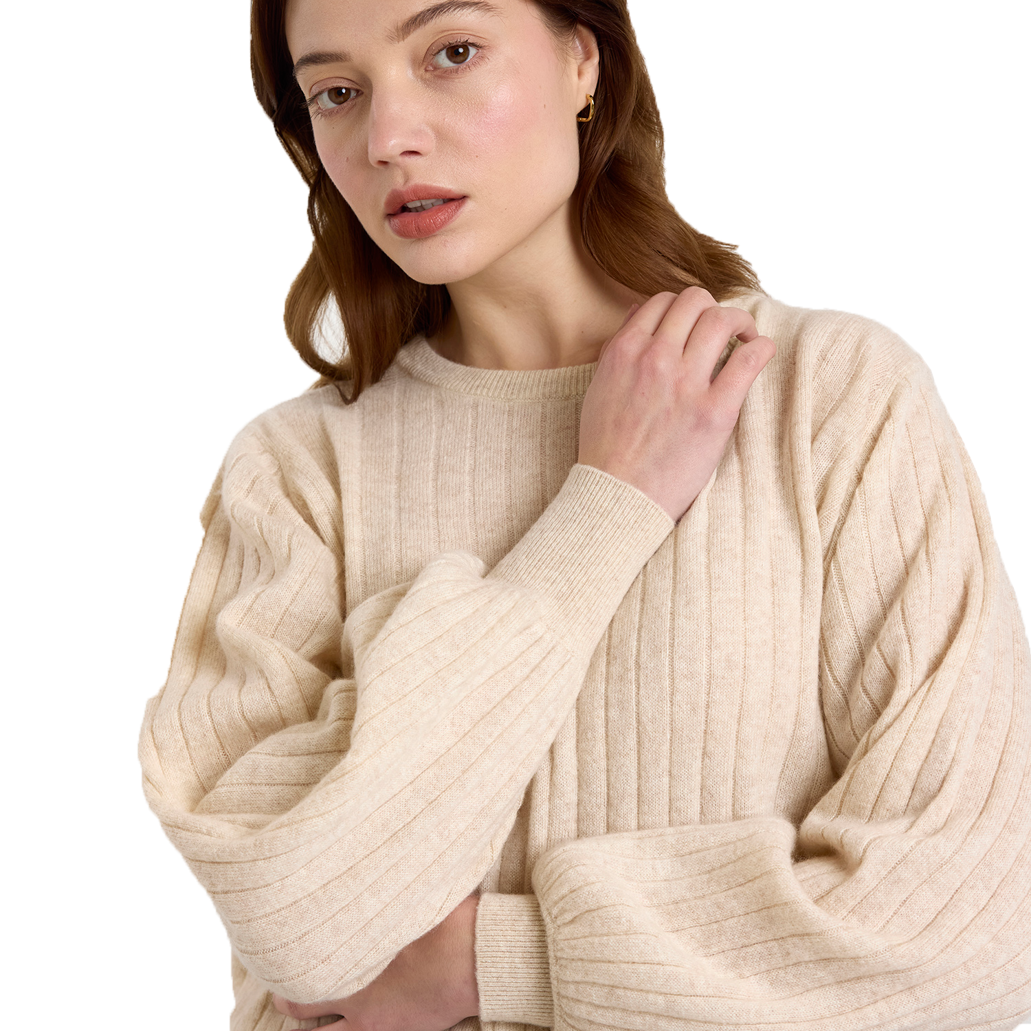 Pixie cashmere crewneck sweater with long sleeves in beige - Sassanova