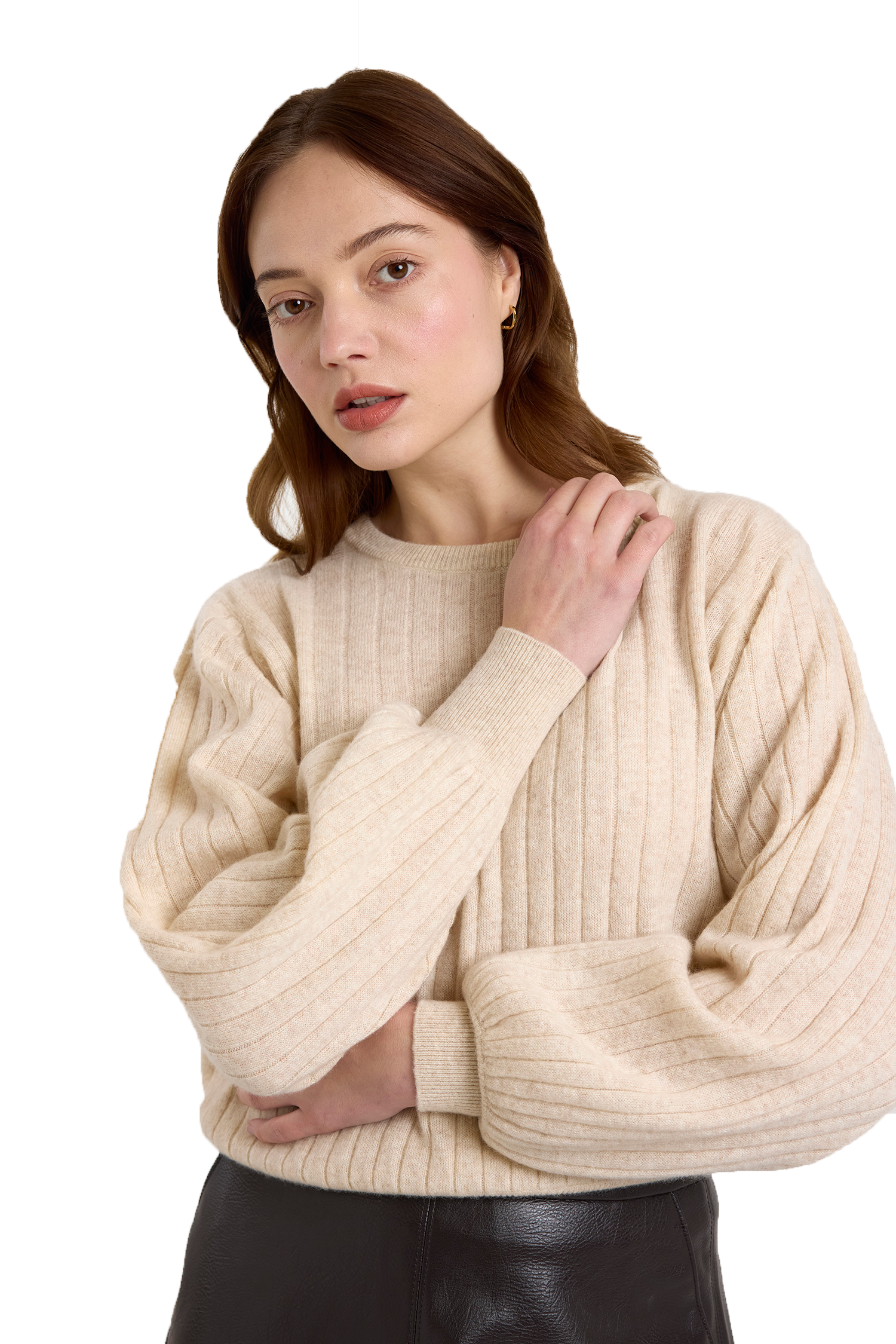 Pixie cashmere crewneck sweater with long sleeves in beige - Sassanova