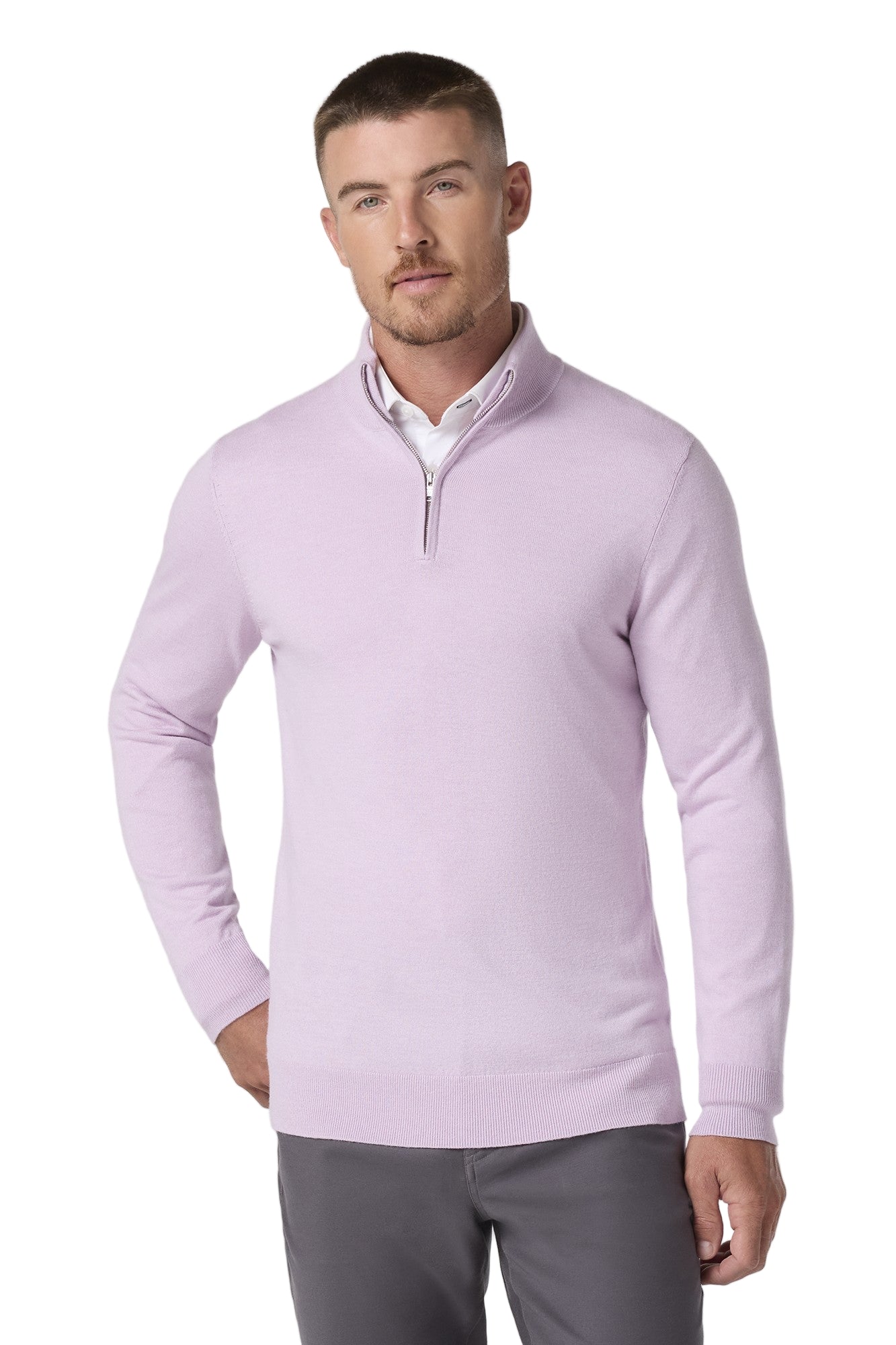 long sleeved, lavender colored pullover with quarter zip neckline-novaman