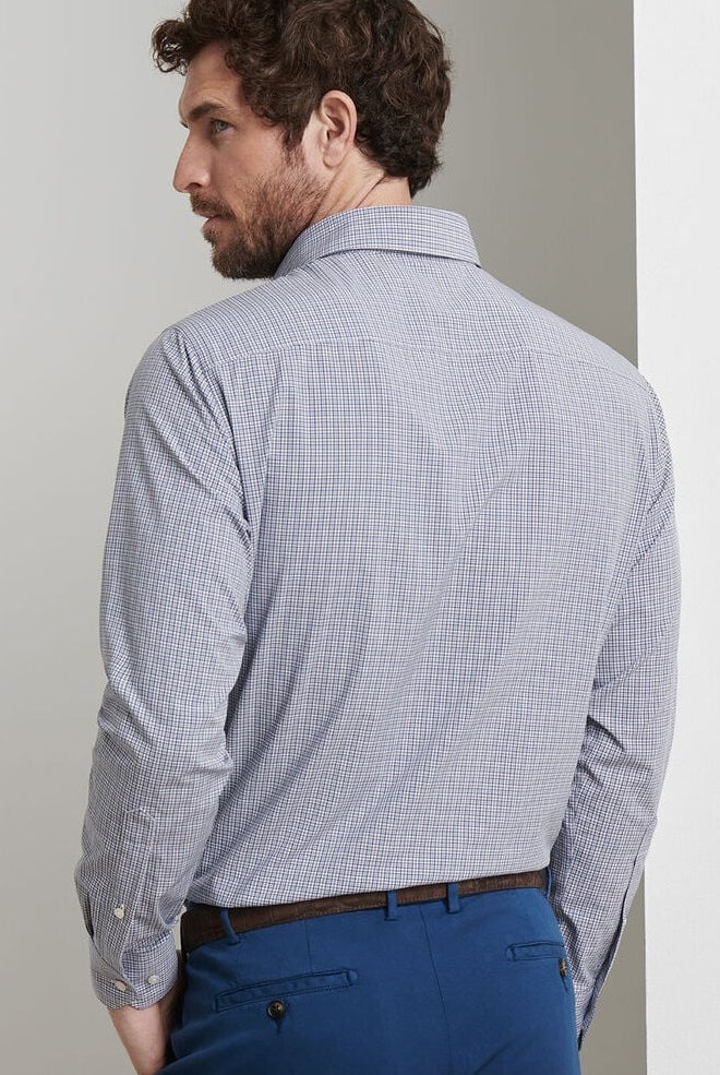 PORTER POPLIN SPORT SHIRT with white buttons, blue and white plaid print, and long sleeves-novaman