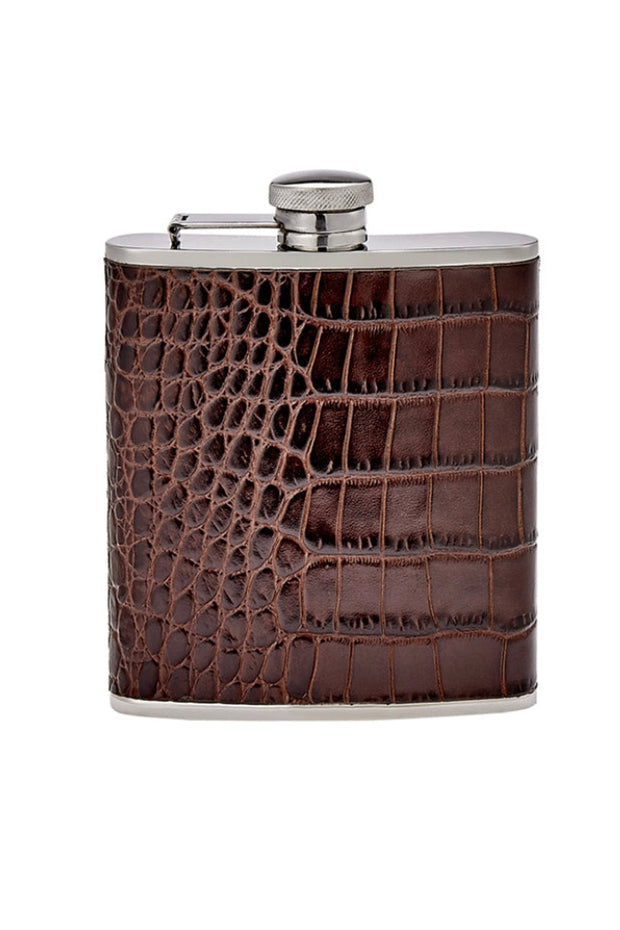 LEATHER WRAPPED FLASK- BROWN CROC